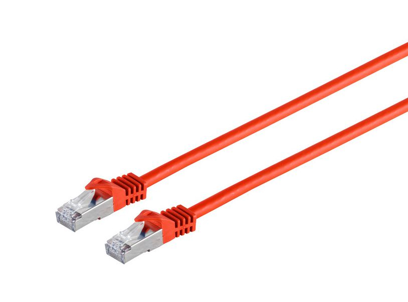 Due cavi di rete rossi con connettori RJ45 su sfondo bianco.