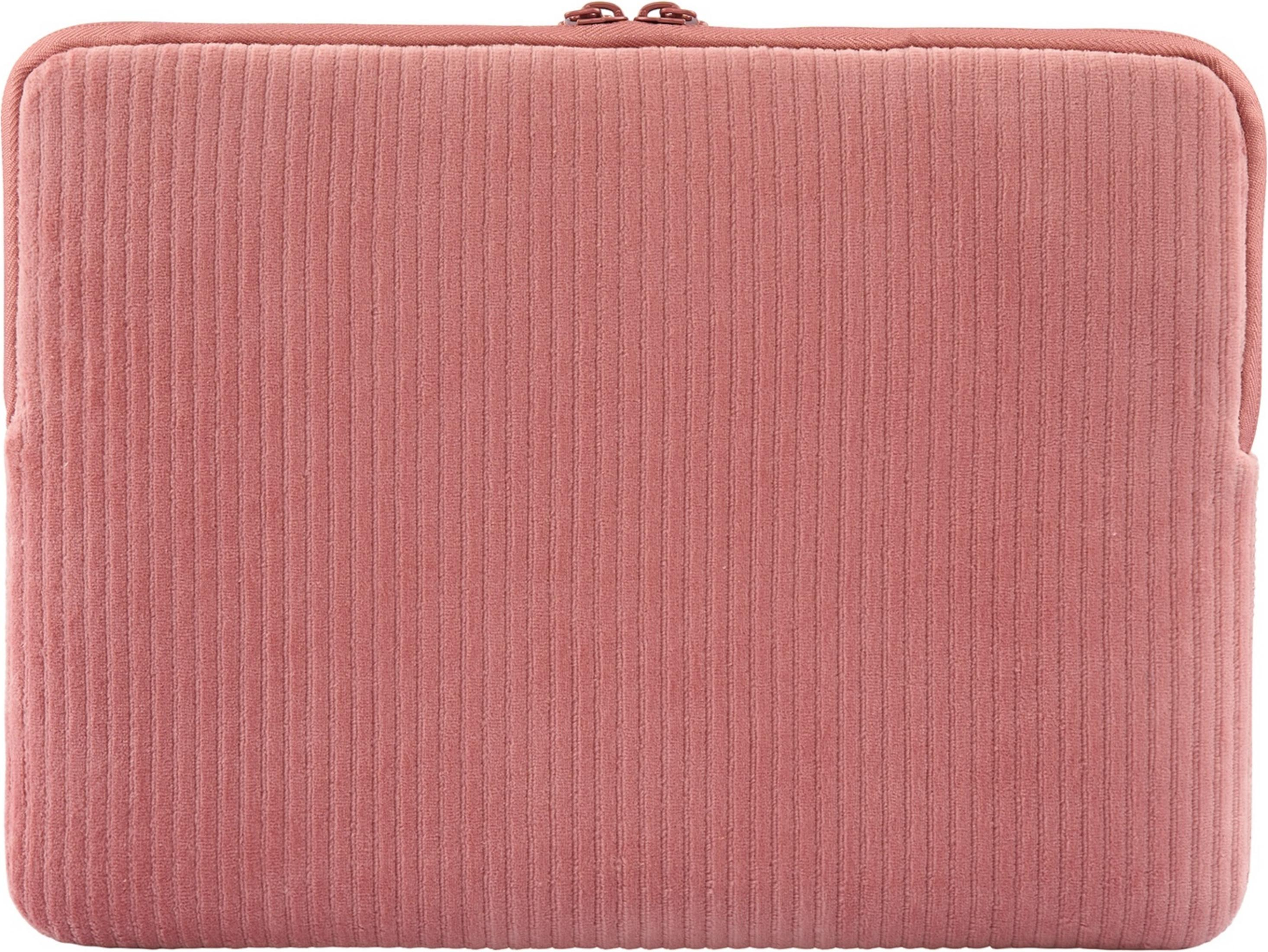 Una pochette in velluto a coste rosa con cerniera in alto.