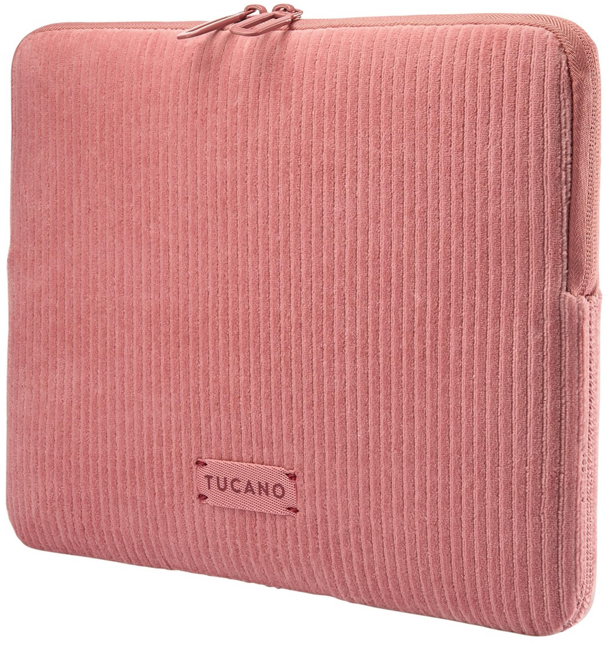 Una custodia rosa in velluto a coste per laptop con cerniera e logo.