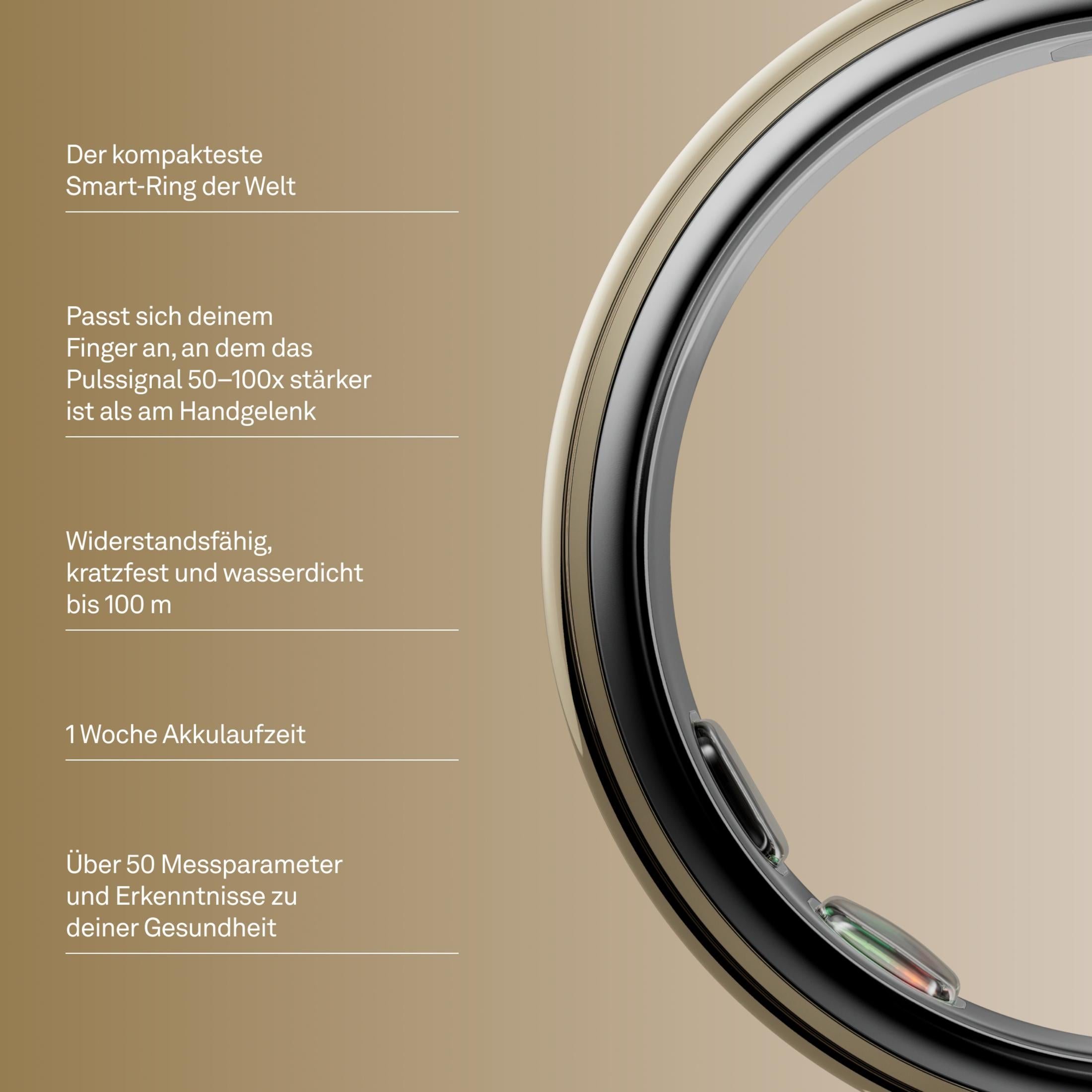 Ein kompakter Smart-Ring mit Pulssensor, wasserdicht bis 100m. 1 Woche Akku.