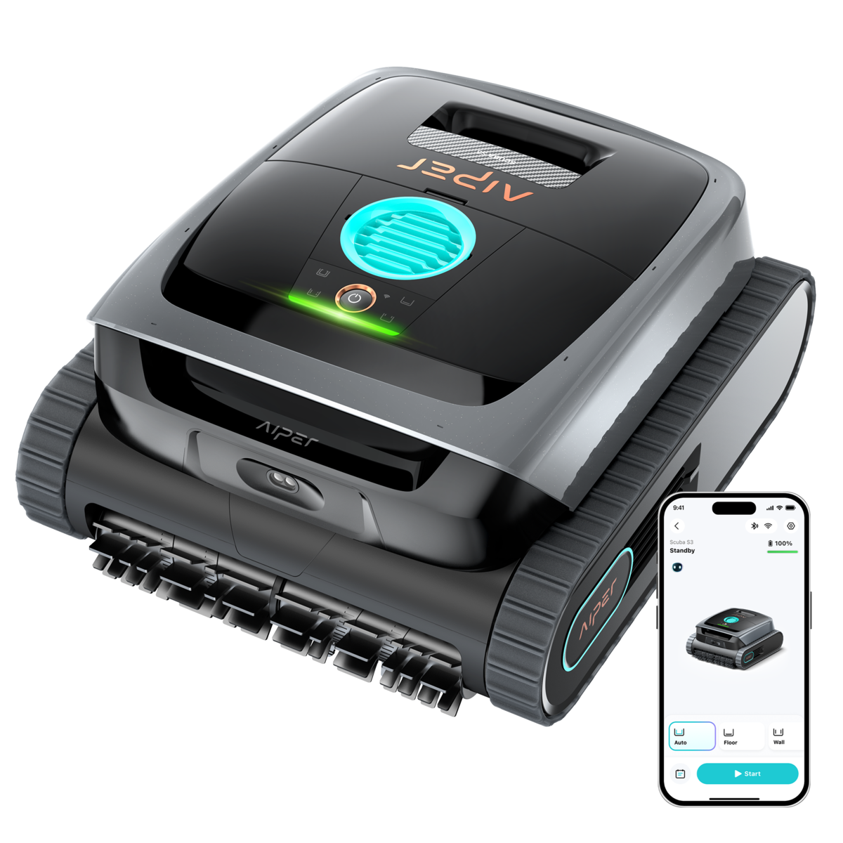 Schwarzer Roboter-Poolreiniger mit Ketten und einer Handy-App, die seinen Status anzeigt.