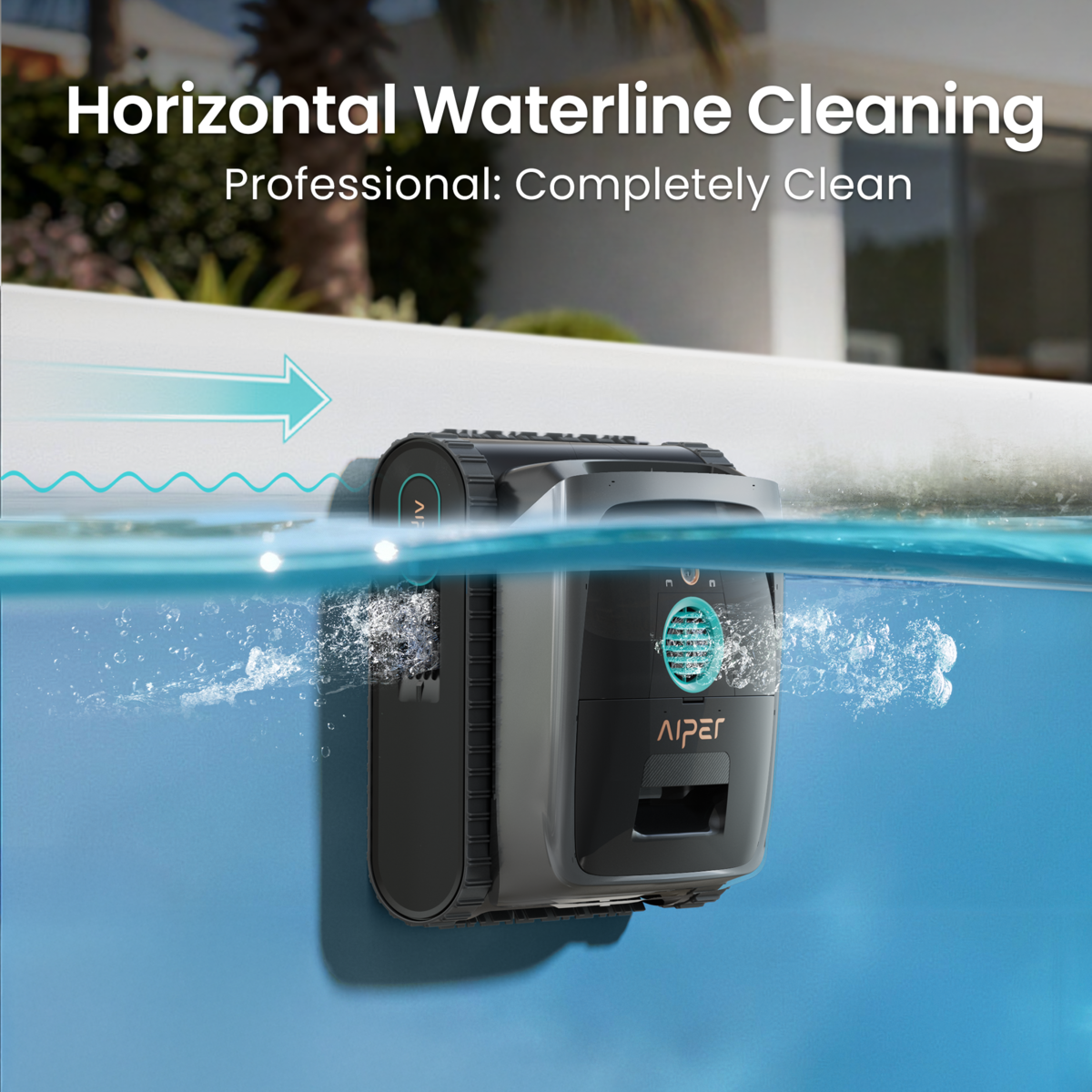 Ein Poolreiniger reinigt die Wasserlinie eines Pools. Texte im Bild lauten: Horizontale Wasserlinienreinigung.