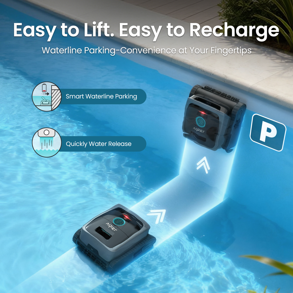 Ein Poolreiniger fährt am Beckenrand entlang, mit Symbolen für Parken und Wasserablass.