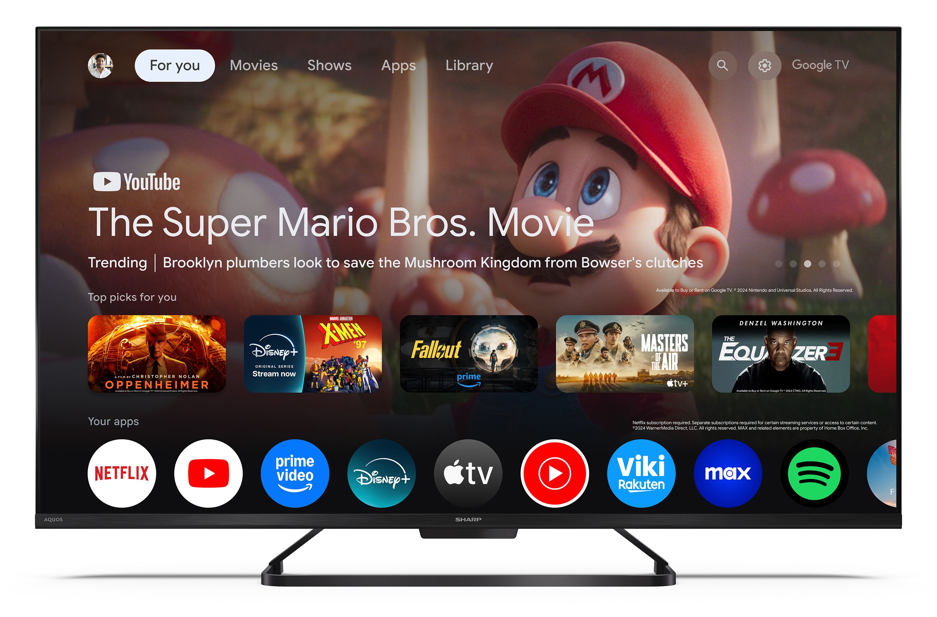 Der Bildschirm zeigt eine Google TV-Oberfläche mit dem Super Mario Bros. Film.