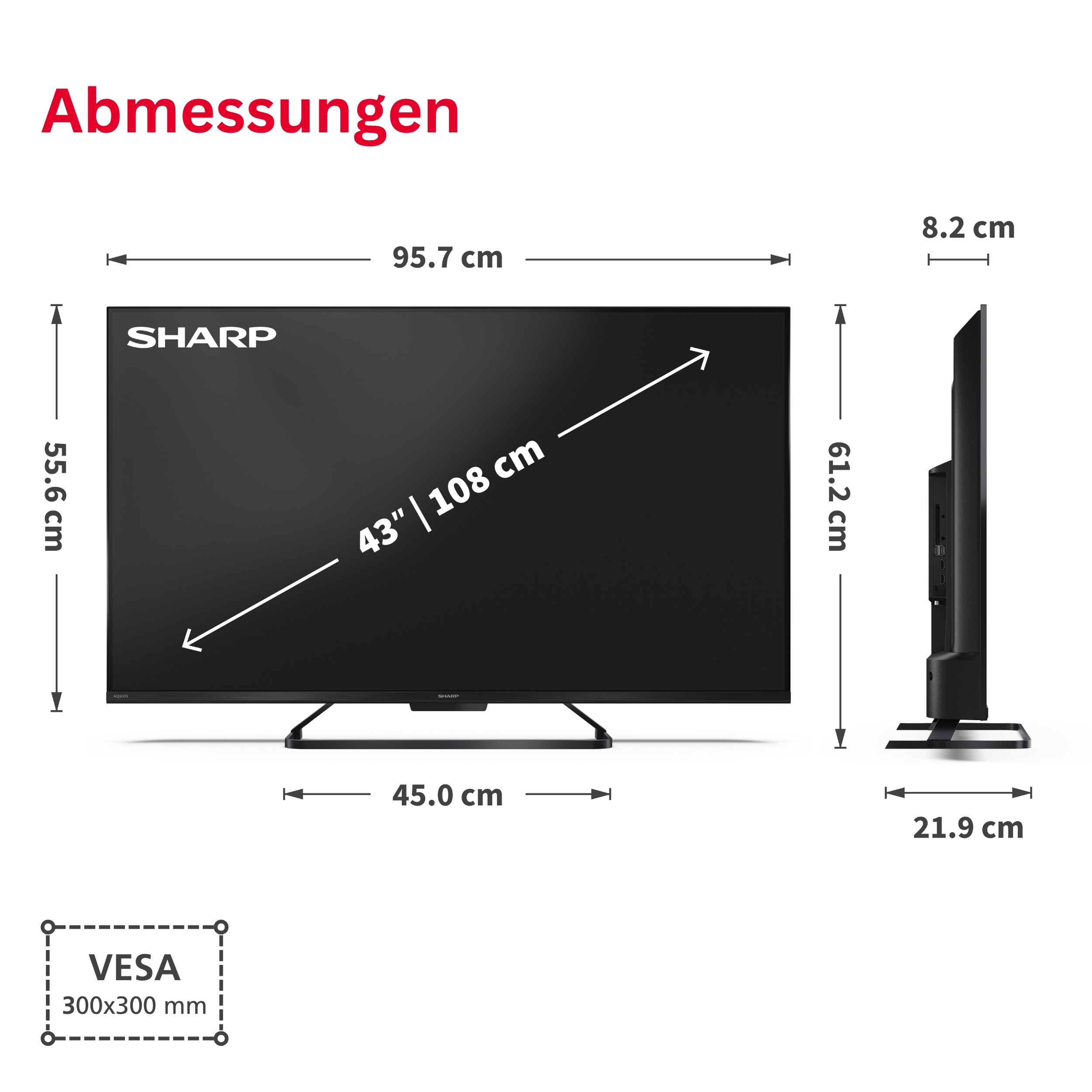 Abmessungen eines 43-Zoll-Fernsehers: Breite 95,7cm, Höhe 55,6cm, Tiefe 8,2cm.