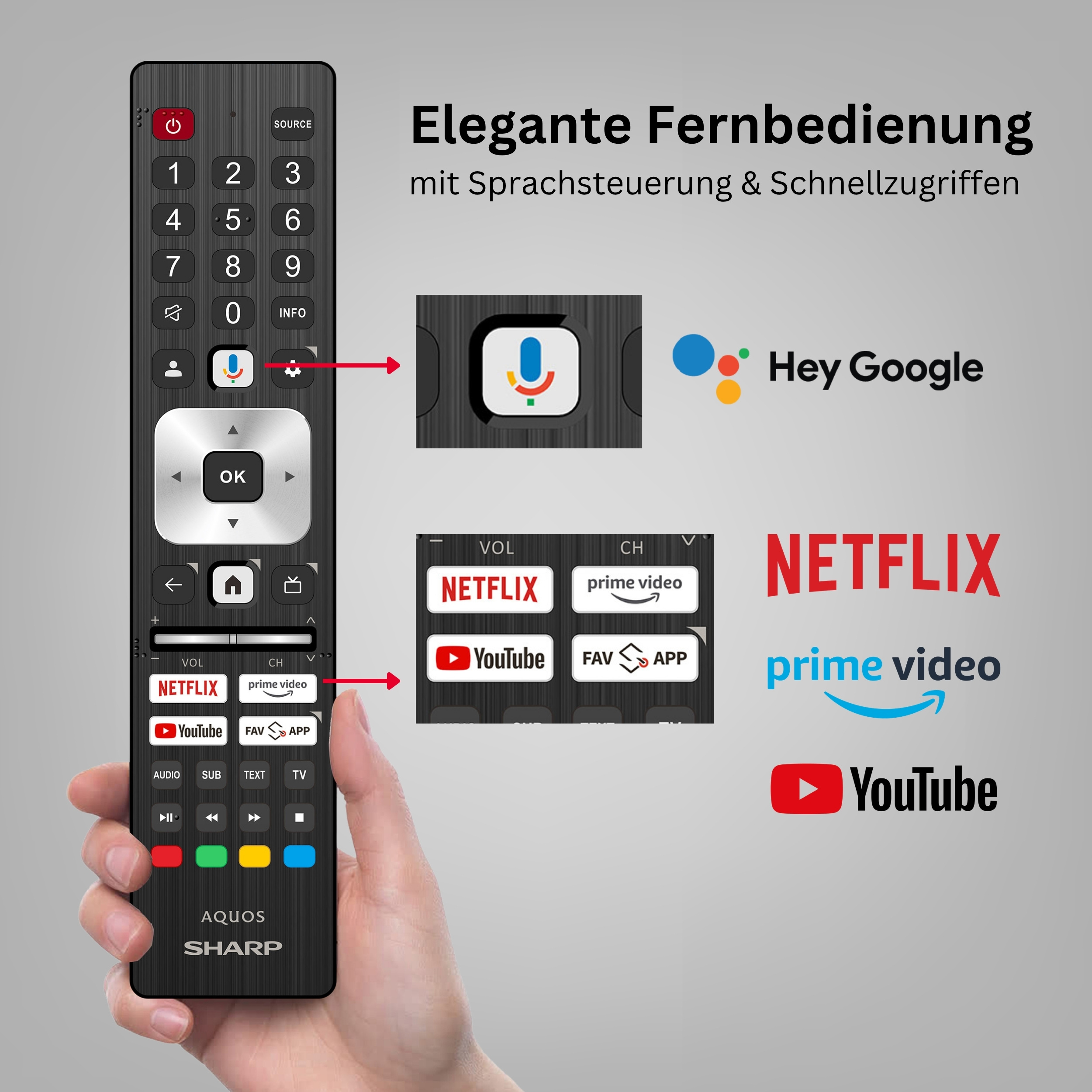 Eine Fernbedienung mit Tasten, Mikrofon-Symbol und App-Verknüpfungen.