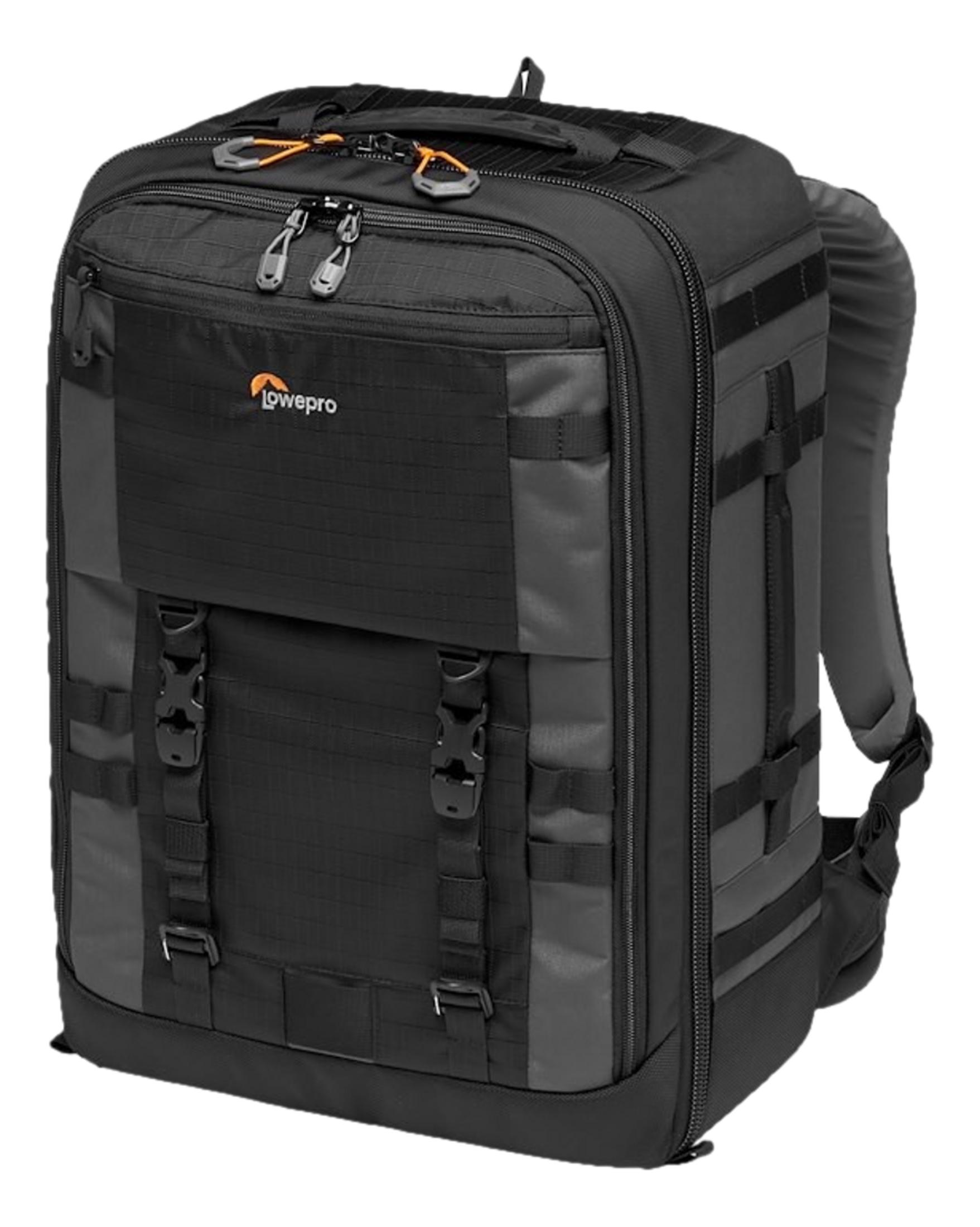 Ein schwarzer Lowepro Rucksack mit orangefarbenen Reißverschluss-Zippern und Schnallen.