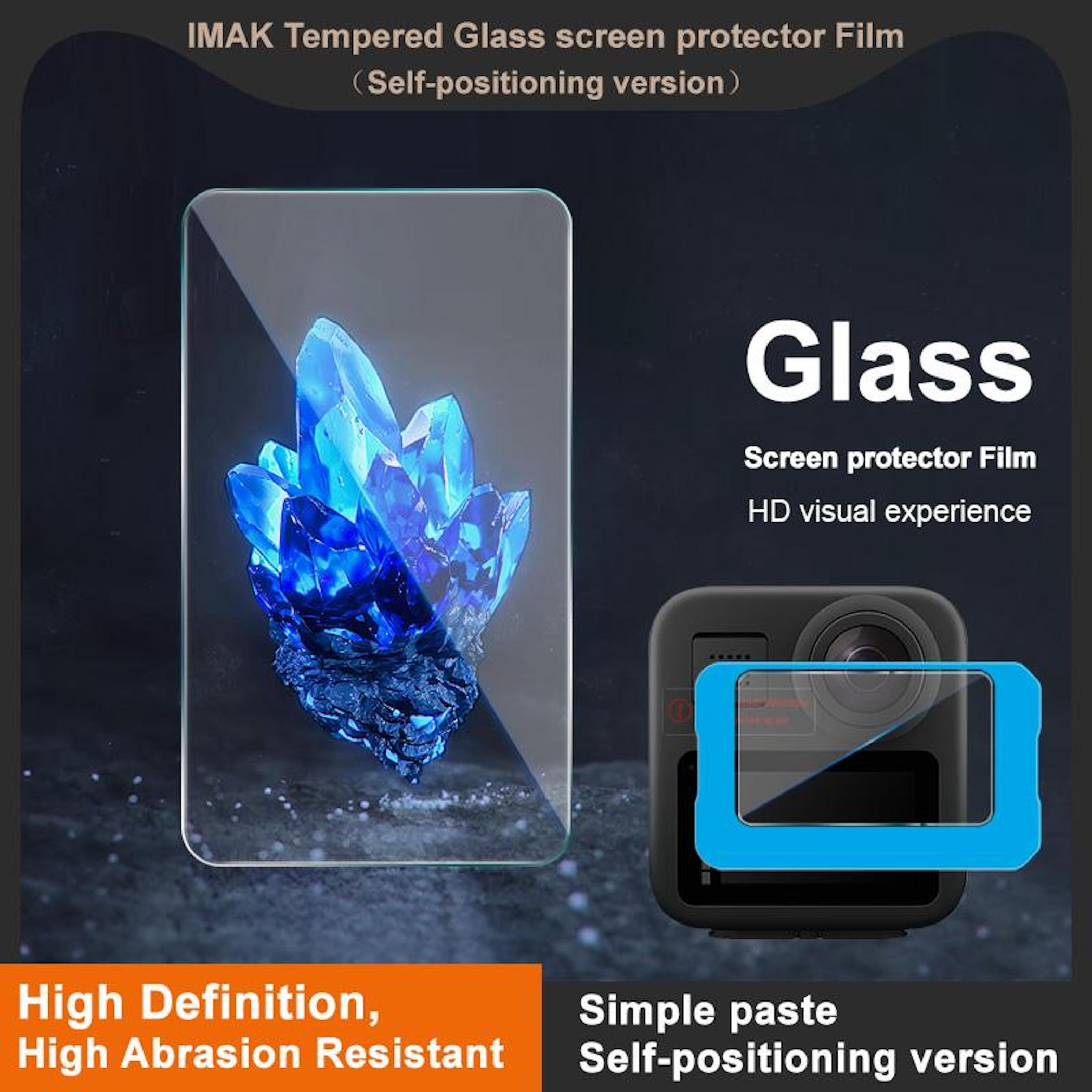 Gehärteter Glas-Displayschutz für Kamera, mit blauen Kristallen und Kameragehäuse.