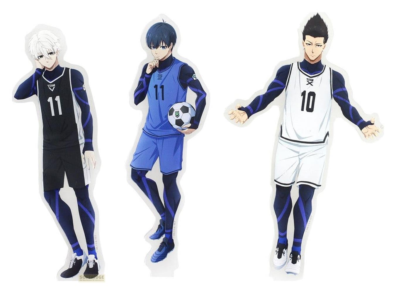 Drei Anime-Fußballspieler in Trikots mit den Nummern 11, 11 und 10 auf weißem Hintergrund.