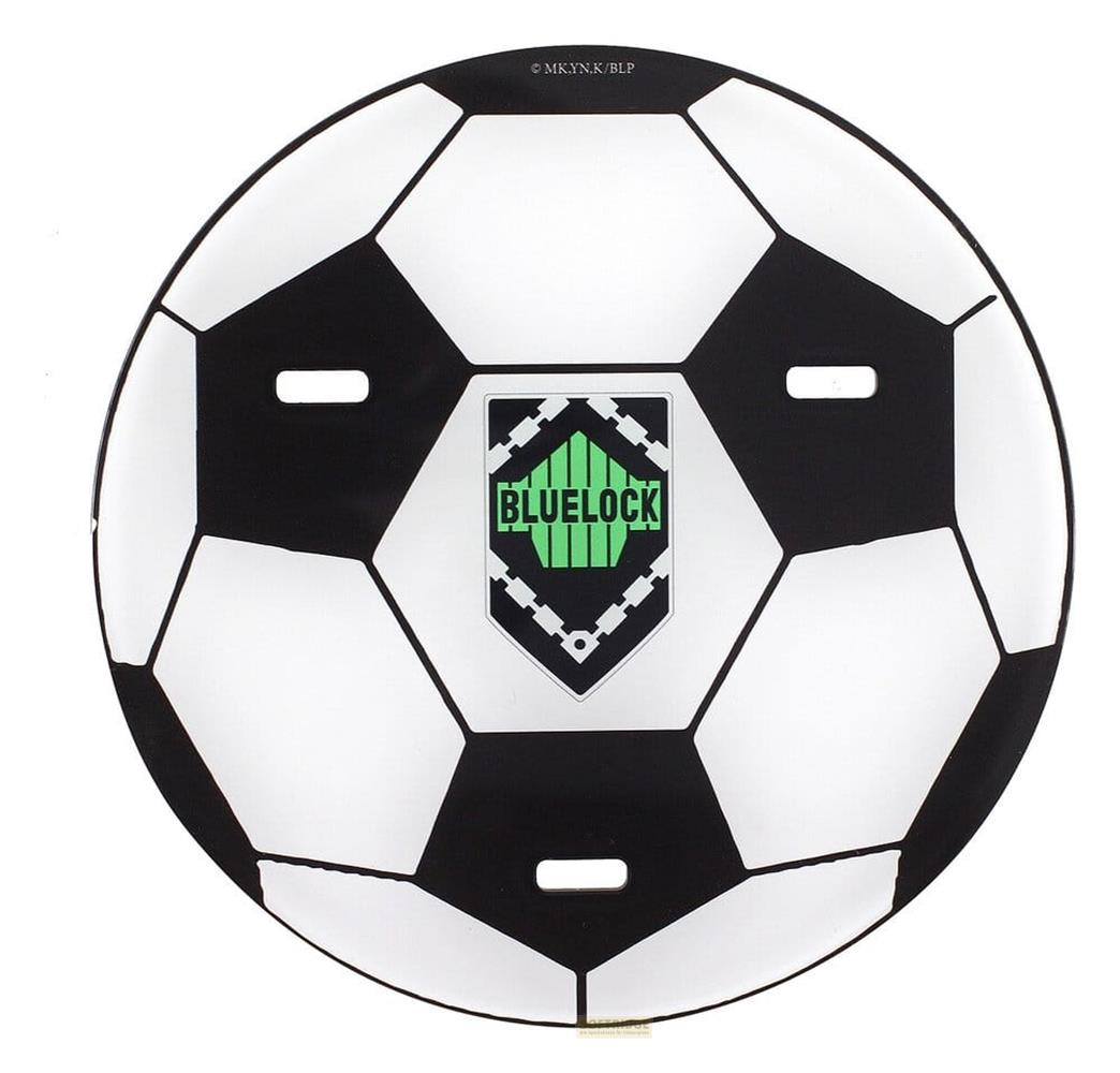 Fußball mit BLUELOCK-Logo und Befestigungslöchern auf weißem Hintergrund.