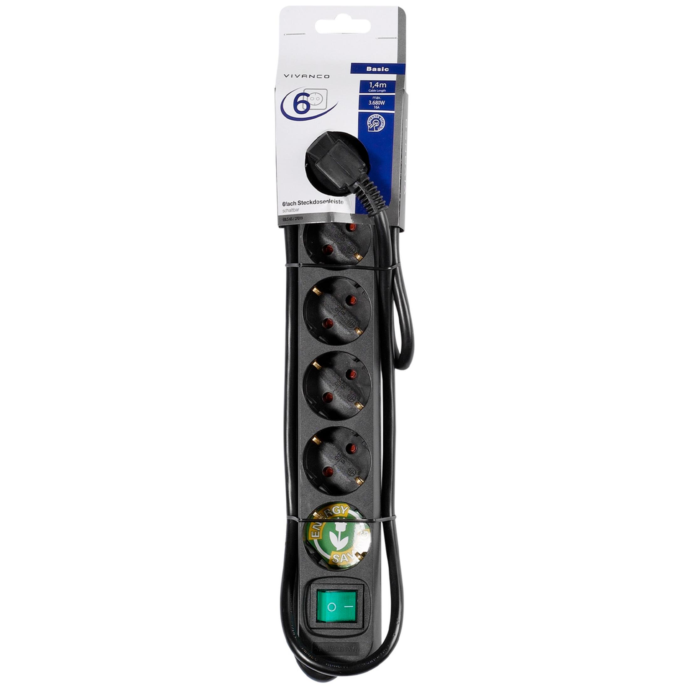 Regleta negra de 6 enchufes con interruptor, cable de 1,4m, 3680W, 16A.