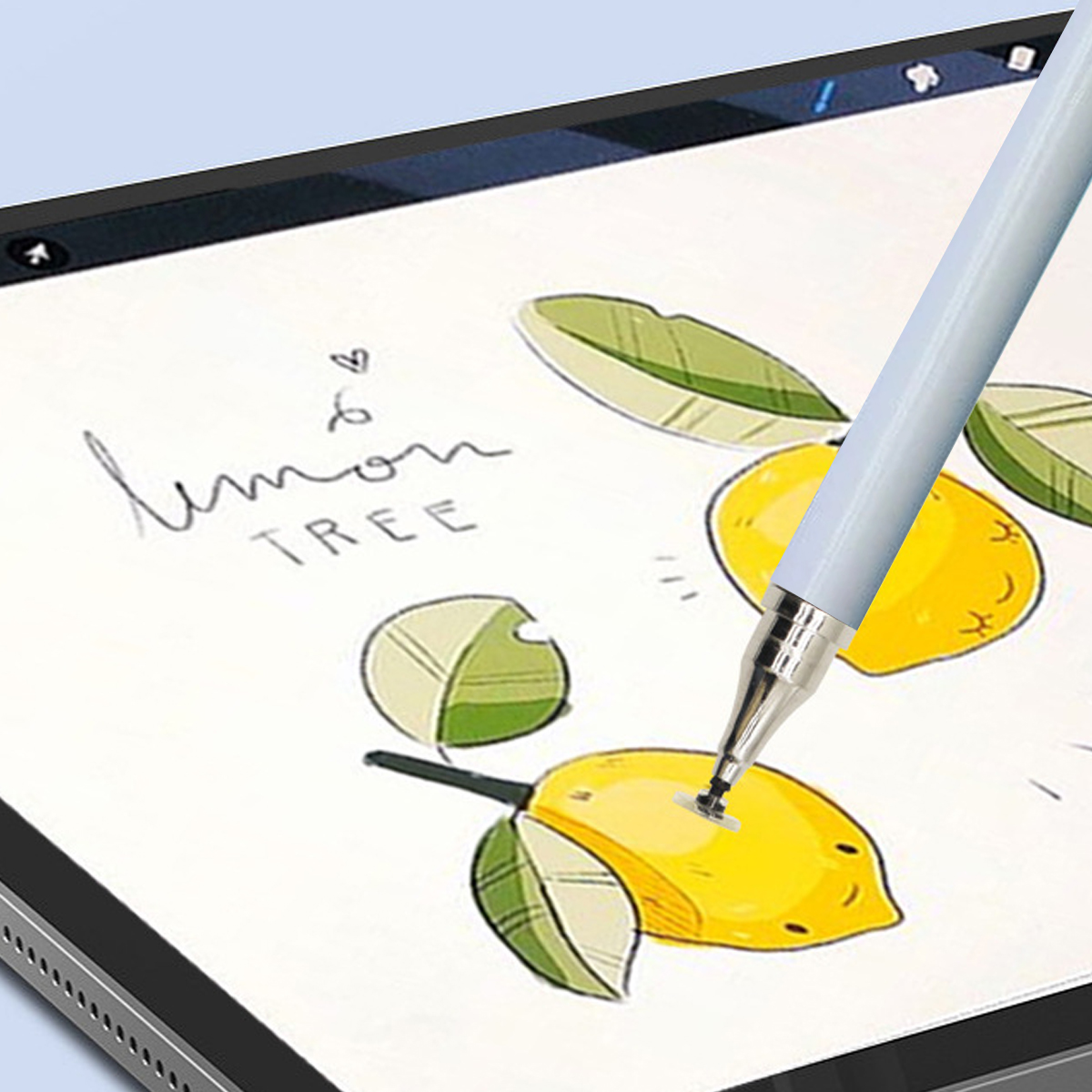 Ein Stift zeichnet Zitronen und Blätter auf einem Tablet. Text lautet 'lemon TREE'.
