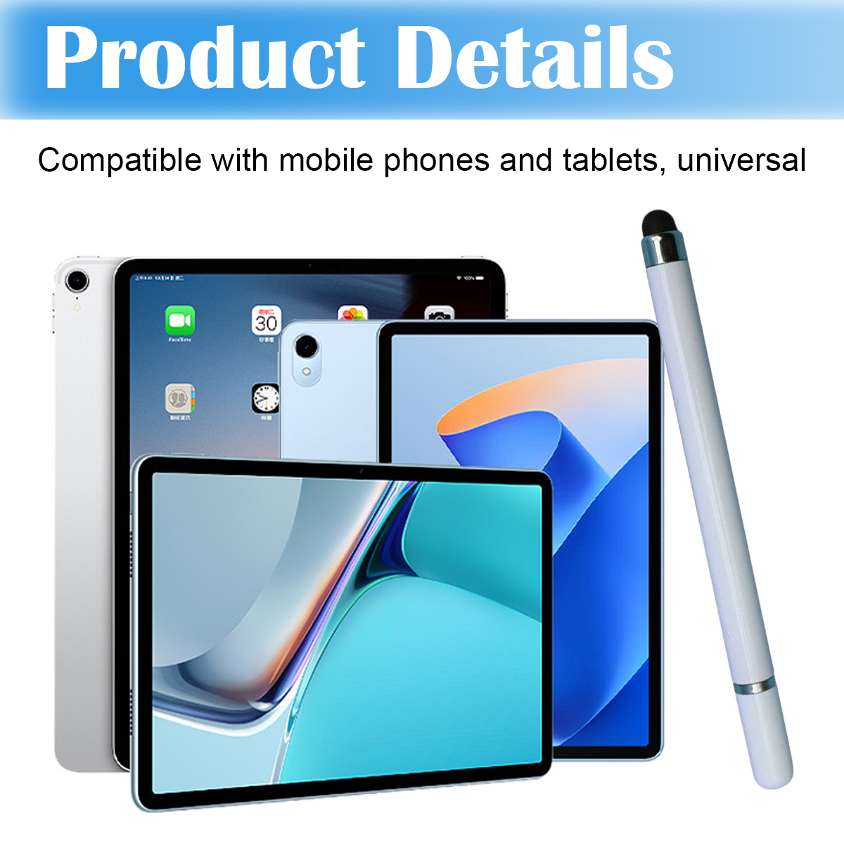 Produktdetails: Tablets und ein Stift sind abgebildet. Kompatibel mit Handys und Tablets.