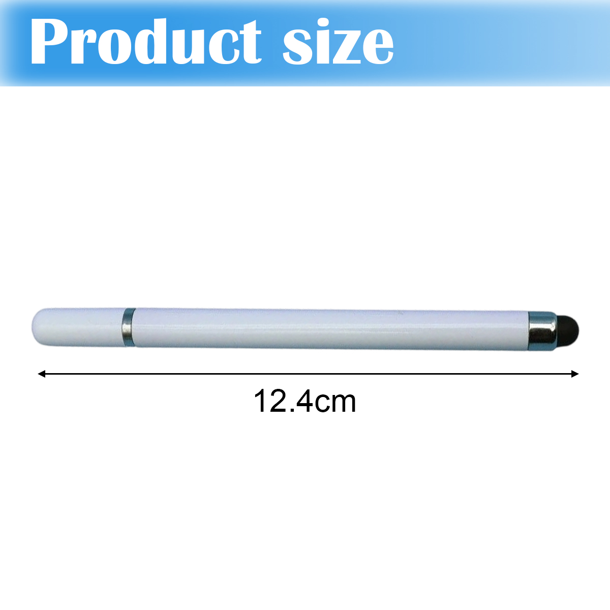 Ein weißer Stift mit silbernem Ring und schwarzer Spitze, 12,4 cm lang.