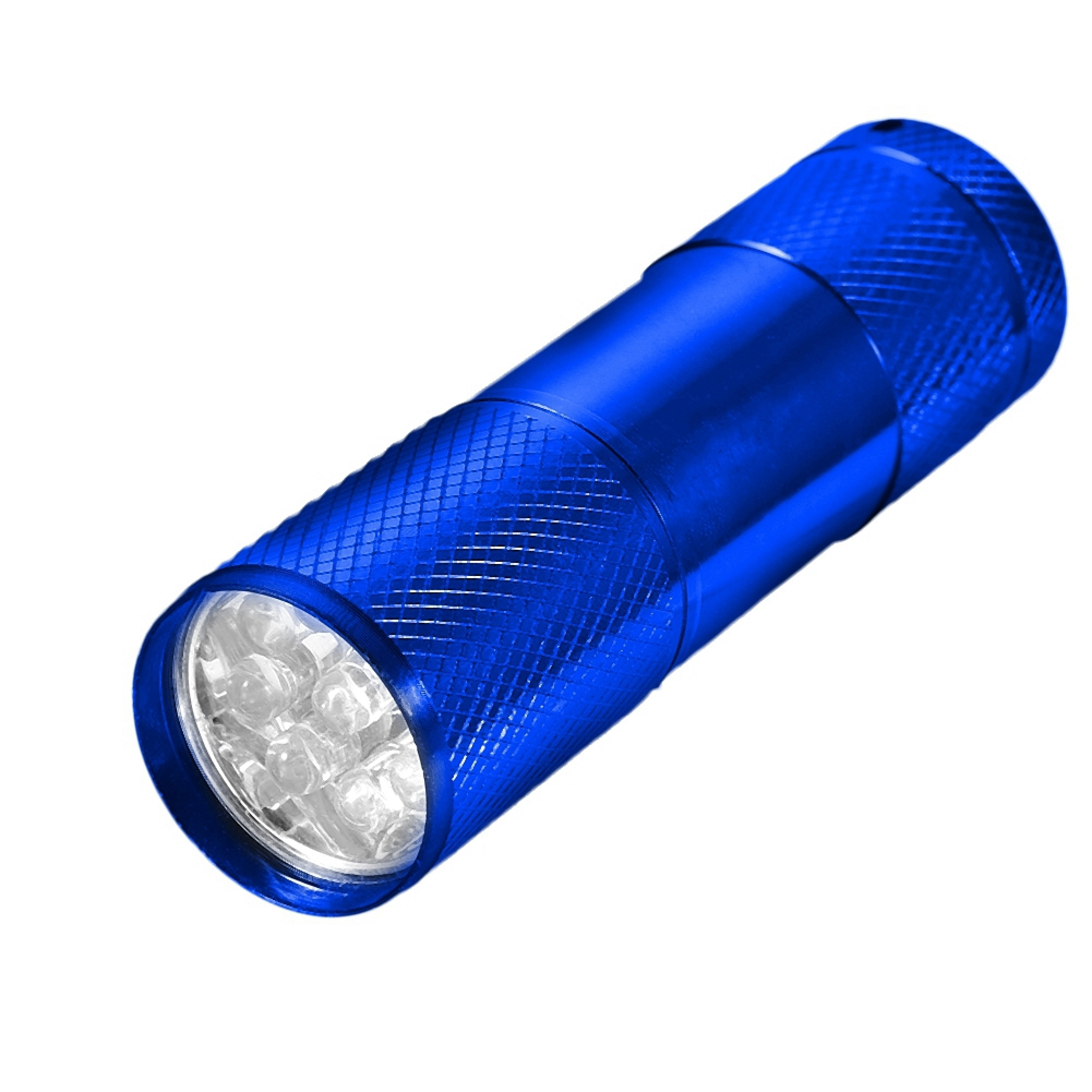 Eine blaue Taschenlampe mit mehreren LEDs auf weißem Hintergrund.