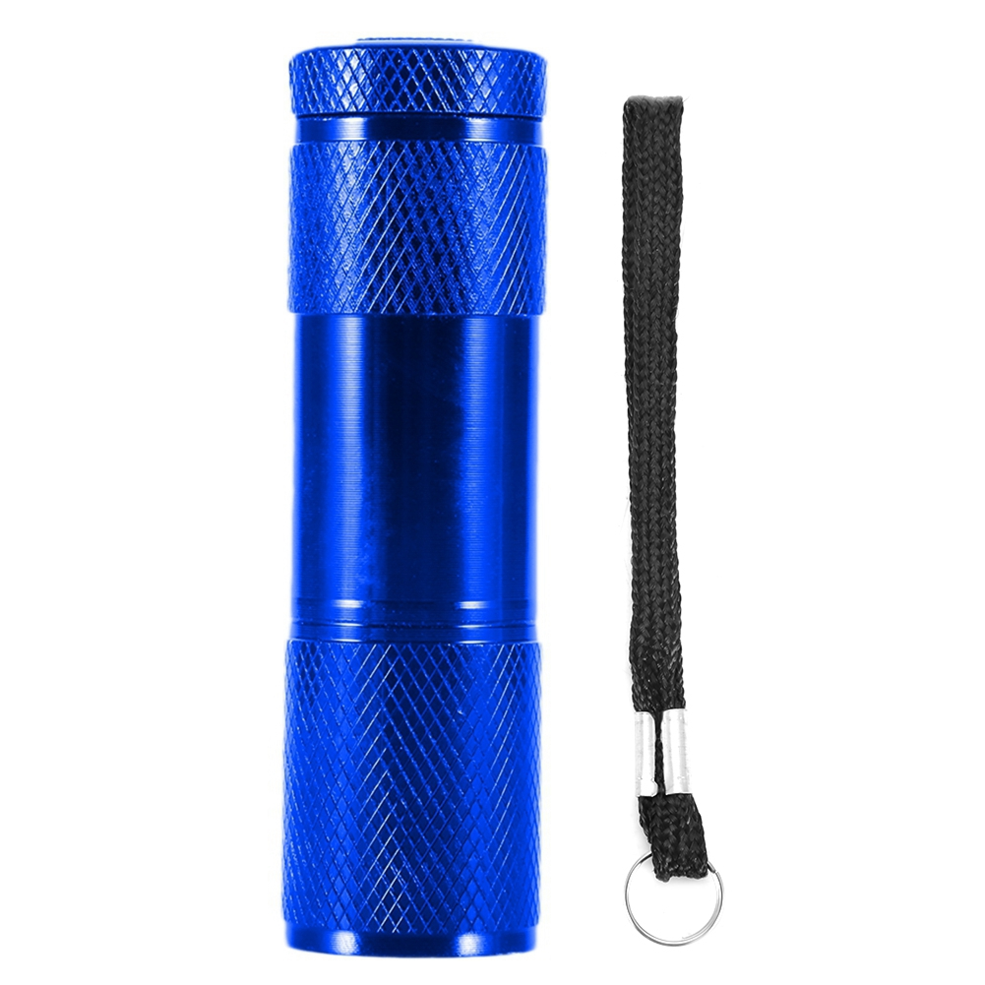 Eine blaue Taschenlampe mit Lanyard auf weißem Hintergrund.