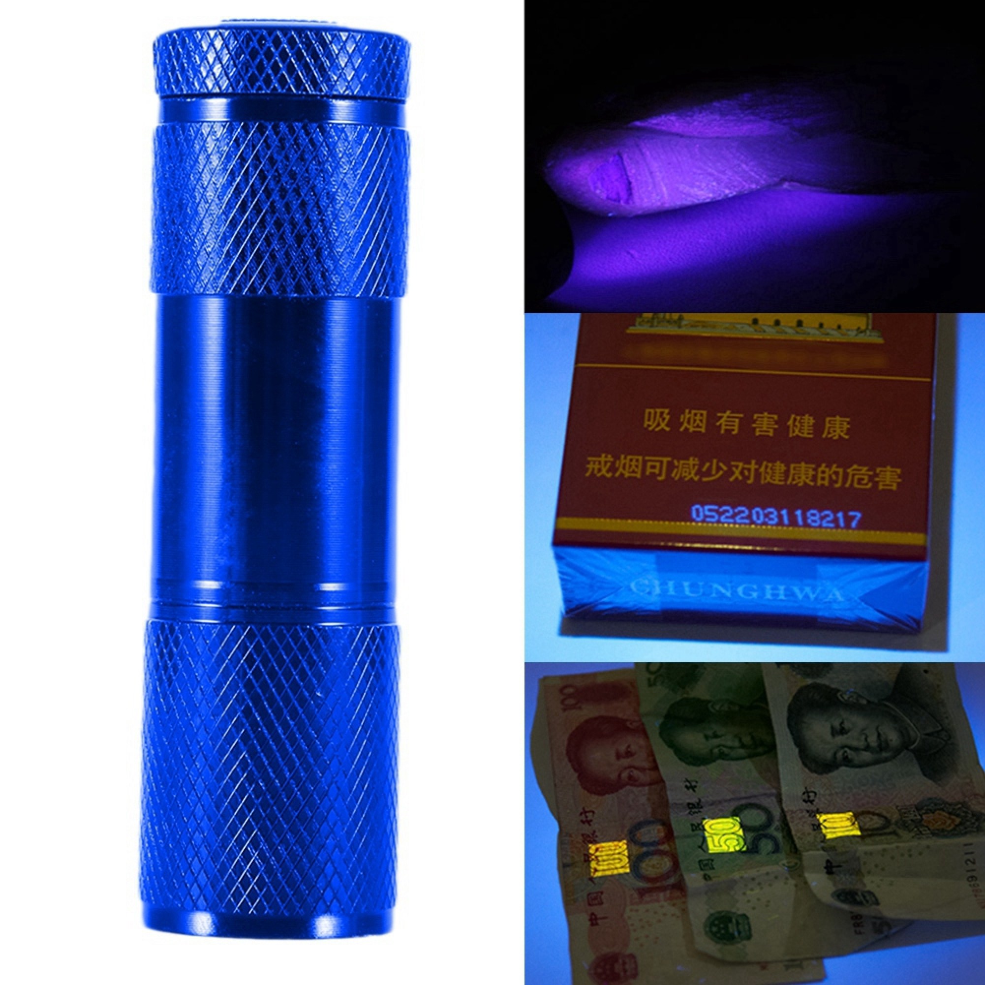 Blaue UV-Taschenlampe, Zigarettenpackung und chinesische Banknoten unter UV-Licht.