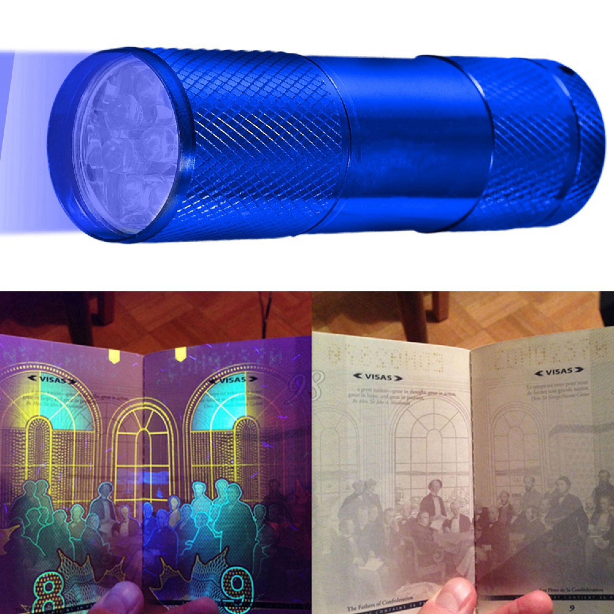 Blaue UV-Taschenlampe beleuchtet Reisepass-Seiten mit versteckten Bildern und Texten.