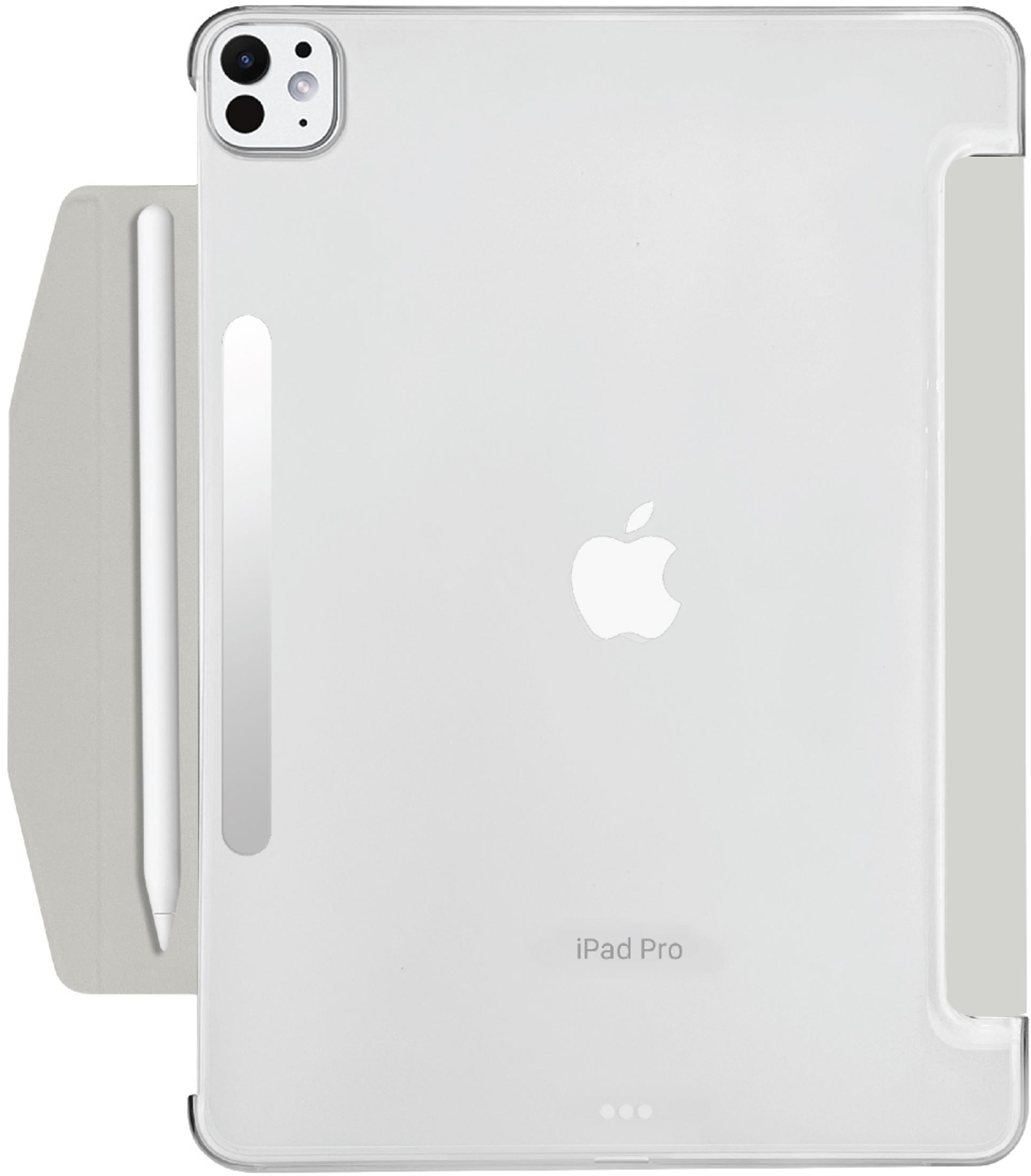 Ein transparentes iPad Pro mit Apple-Logo und Stift in einer Hülle.