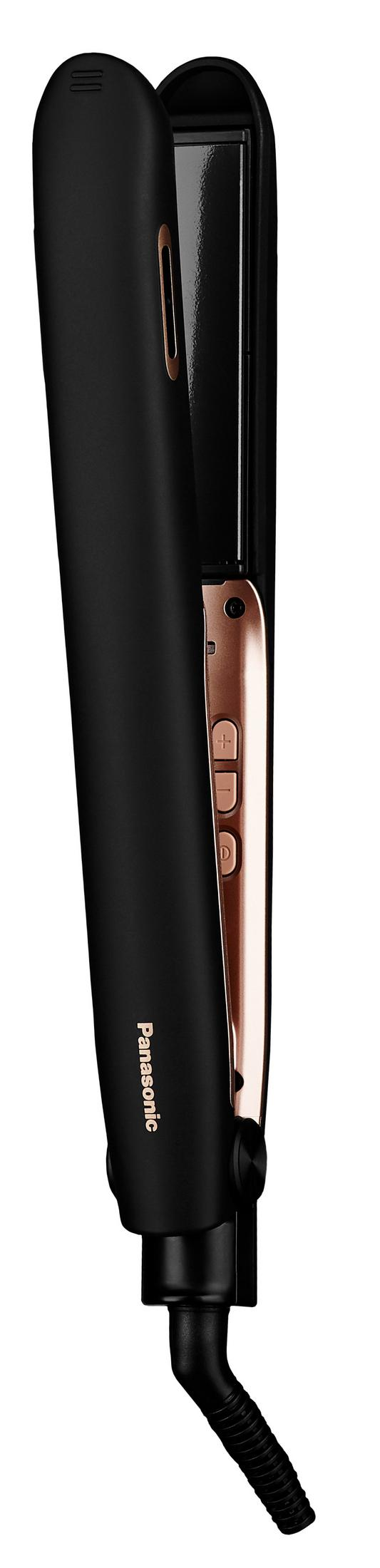 Black Panasonic hair straightener with rose gold accents and control buttons.