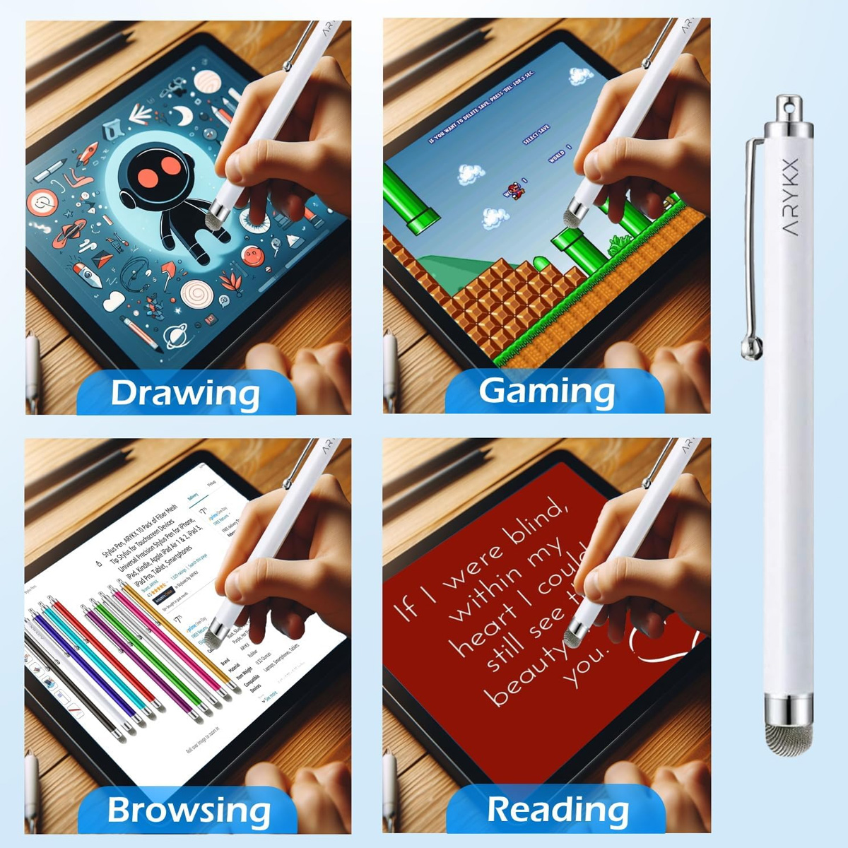Vier Bilder zeigen einen Stift, der auf einem Tablet zum Zeichnen, Spielen, Surfen und Lesen verwendet wird.