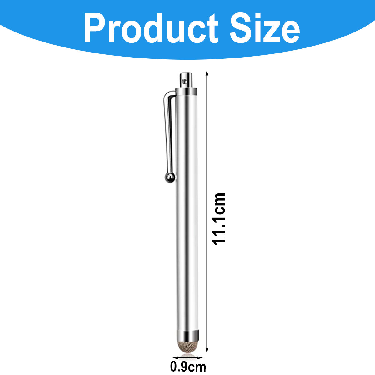 Silberner Eingabestift mit Clip, 11,1 cm lang, 0,9 cm breit.