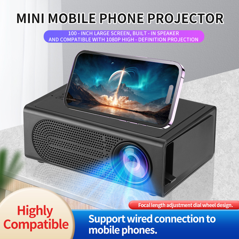 Schwarzer Mini-Projektor mit Smartphone und Bild. Fokusrad, 100-Zoll-Bild.