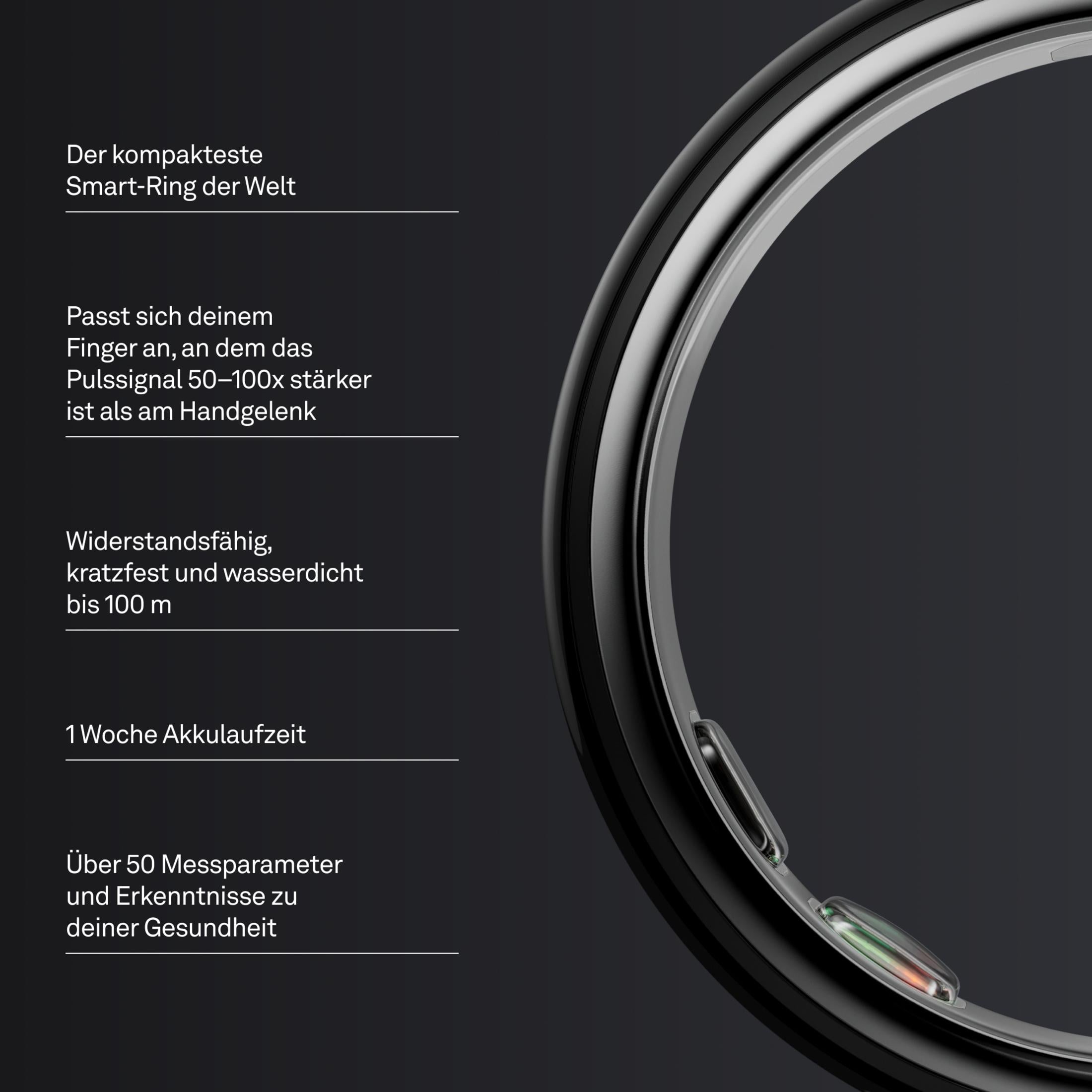 Ein schwarzer Smart Ring mit silbernen Akzenten, der auf dunklem Hintergrund gezeigt wird.