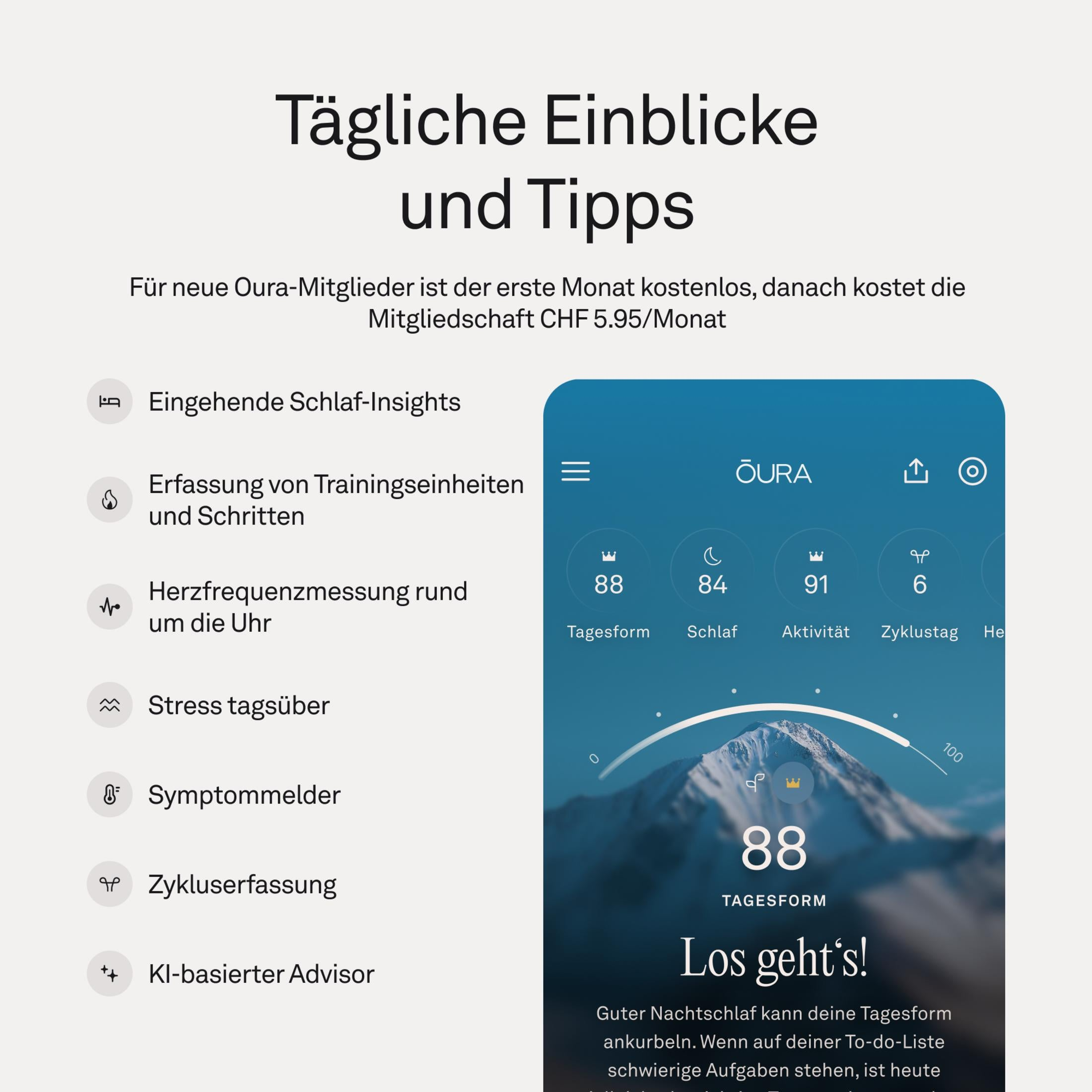 Oura App zeigt tägliche Einblicke, Schlaf, Aktivität und Zyklusdaten mit Berg-Hintergrund.