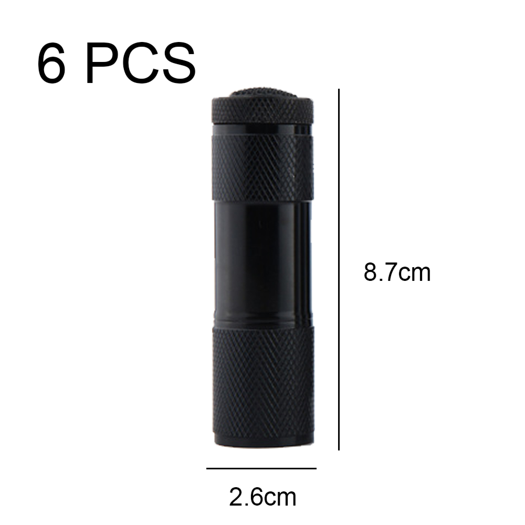 Sechs schwarze Taschenlampen, 8,7 cm lang, 2,6 cm breit.