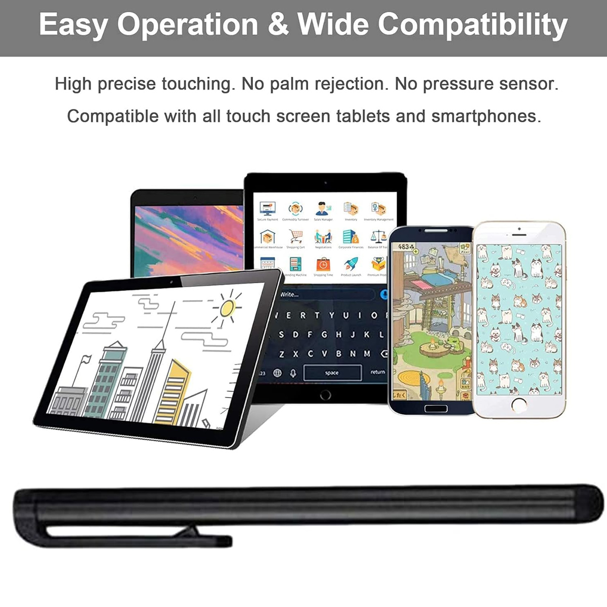 Tablets und Smartphones zeigen eine Tastatur und Apps. Ein Stift liegt unten.