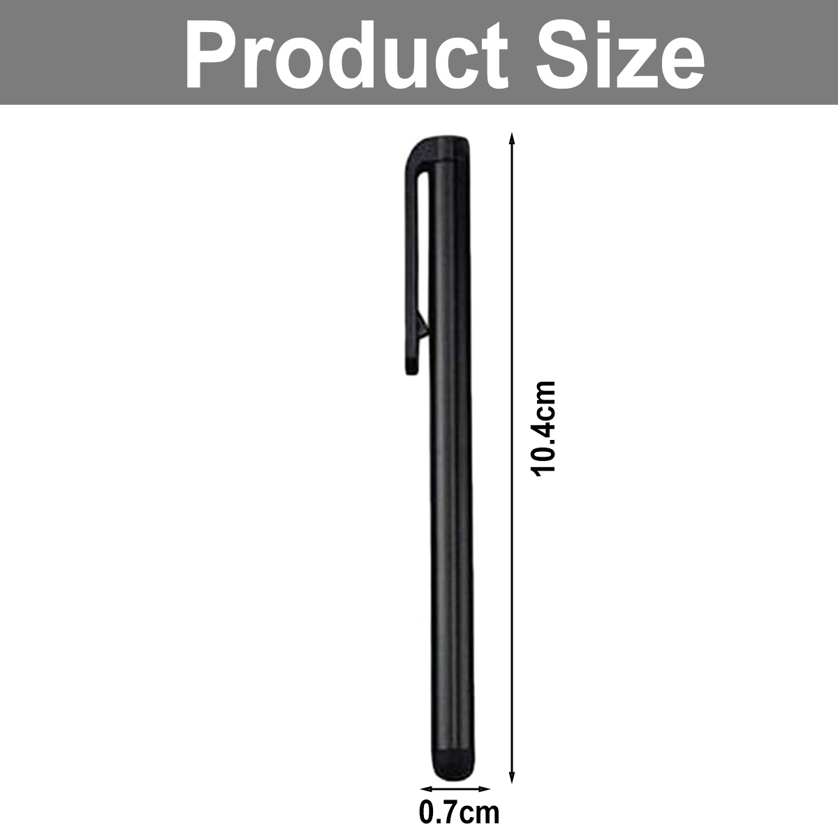 Schwarzer Stift mit Clip, 10,4 cm lang und 0,7 cm breit.