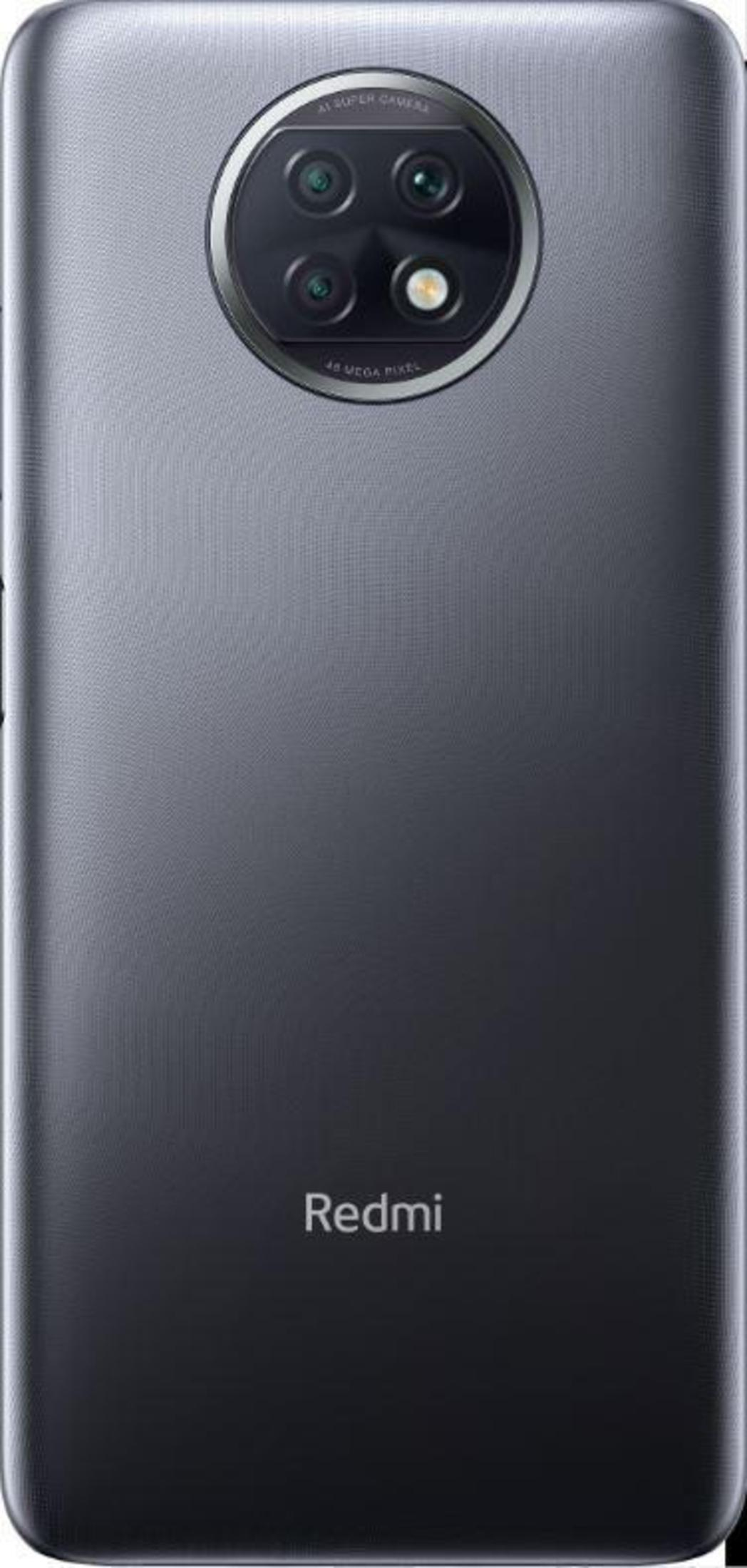 Rückseite eines grauen Smartphones mit vier Kameras und Redmi-Logo.