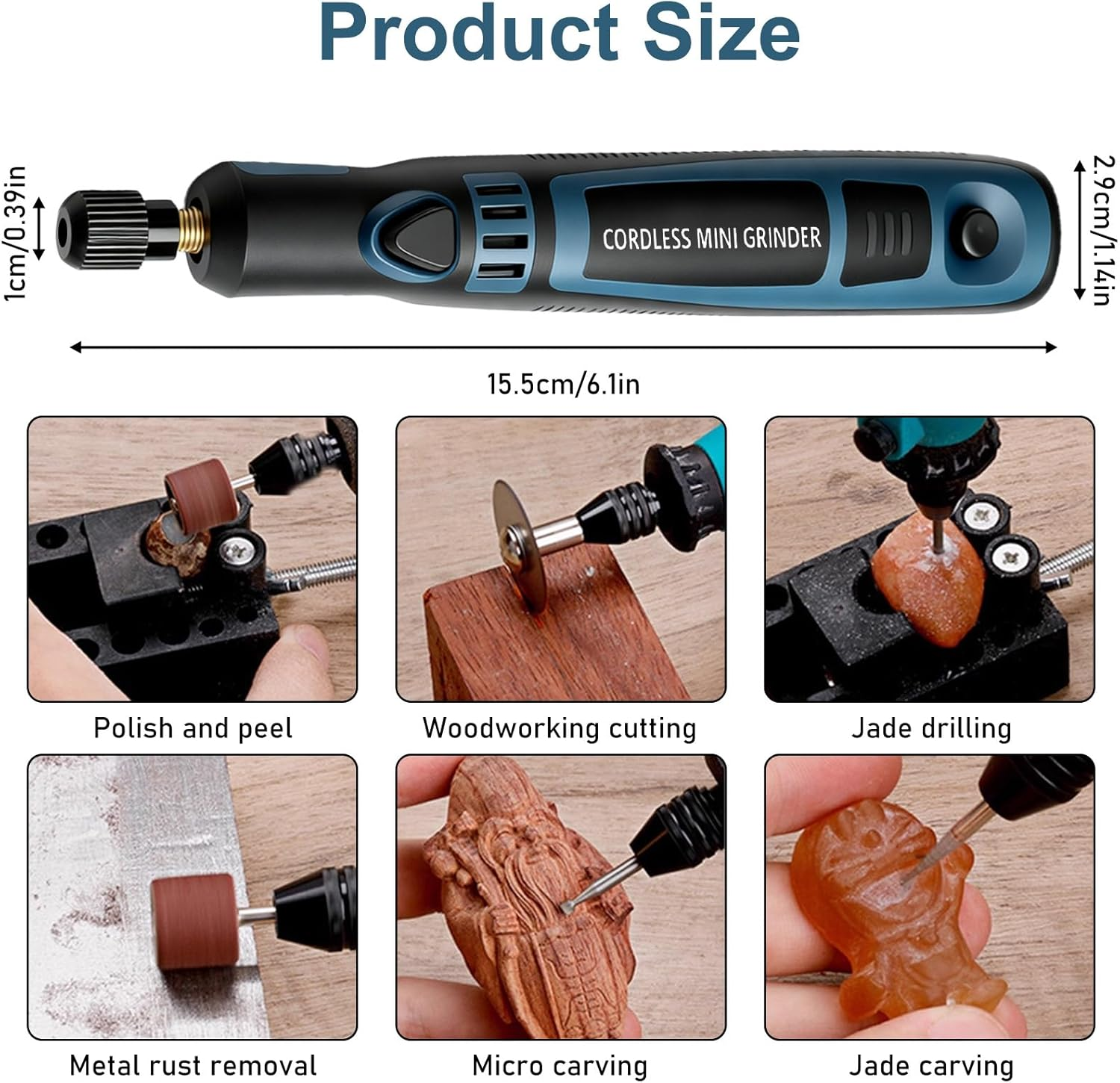 Produktgröße und Anwendungen eines kabellosen Mini-Schleifers: Polieren, Holzschnitte, Jadedrilling.