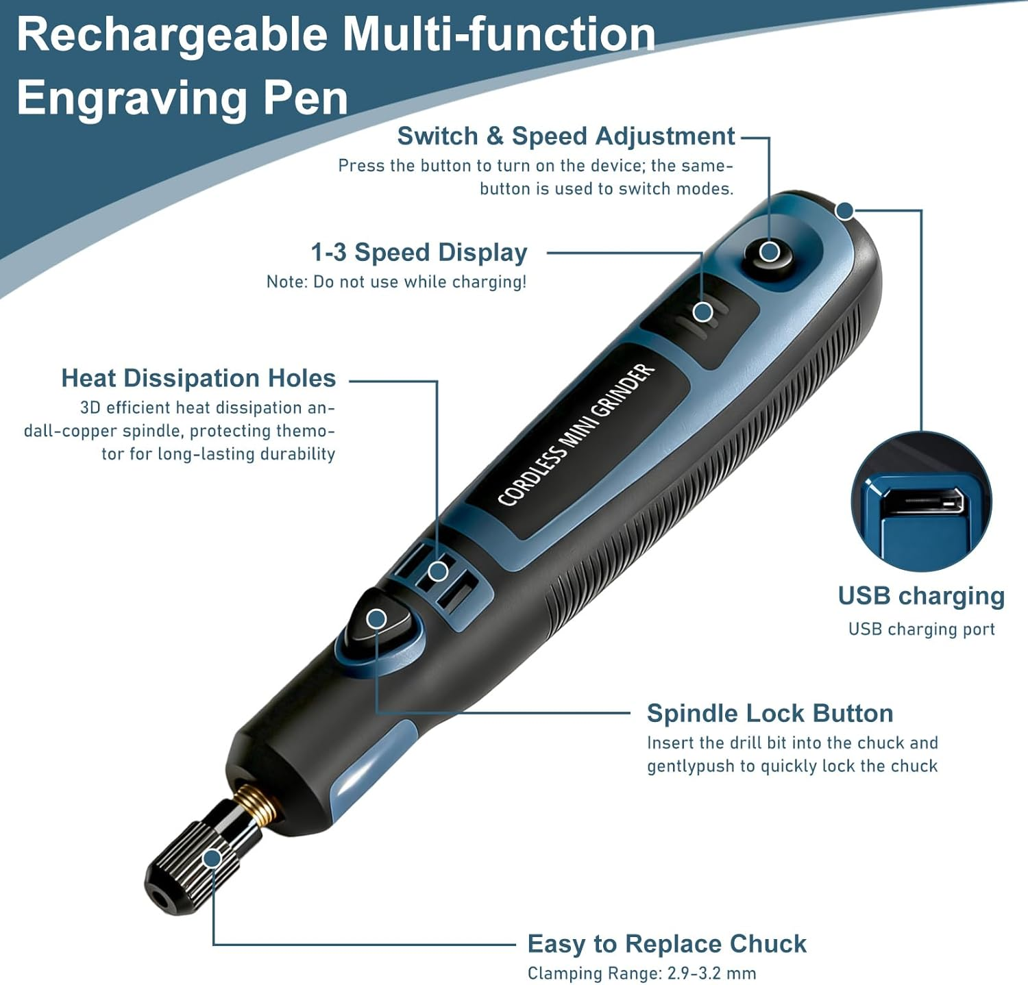 Ein blau-schwarzer, wiederaufladbarer Gravierstift mit USB-Anschluss und Bedienelementen.
