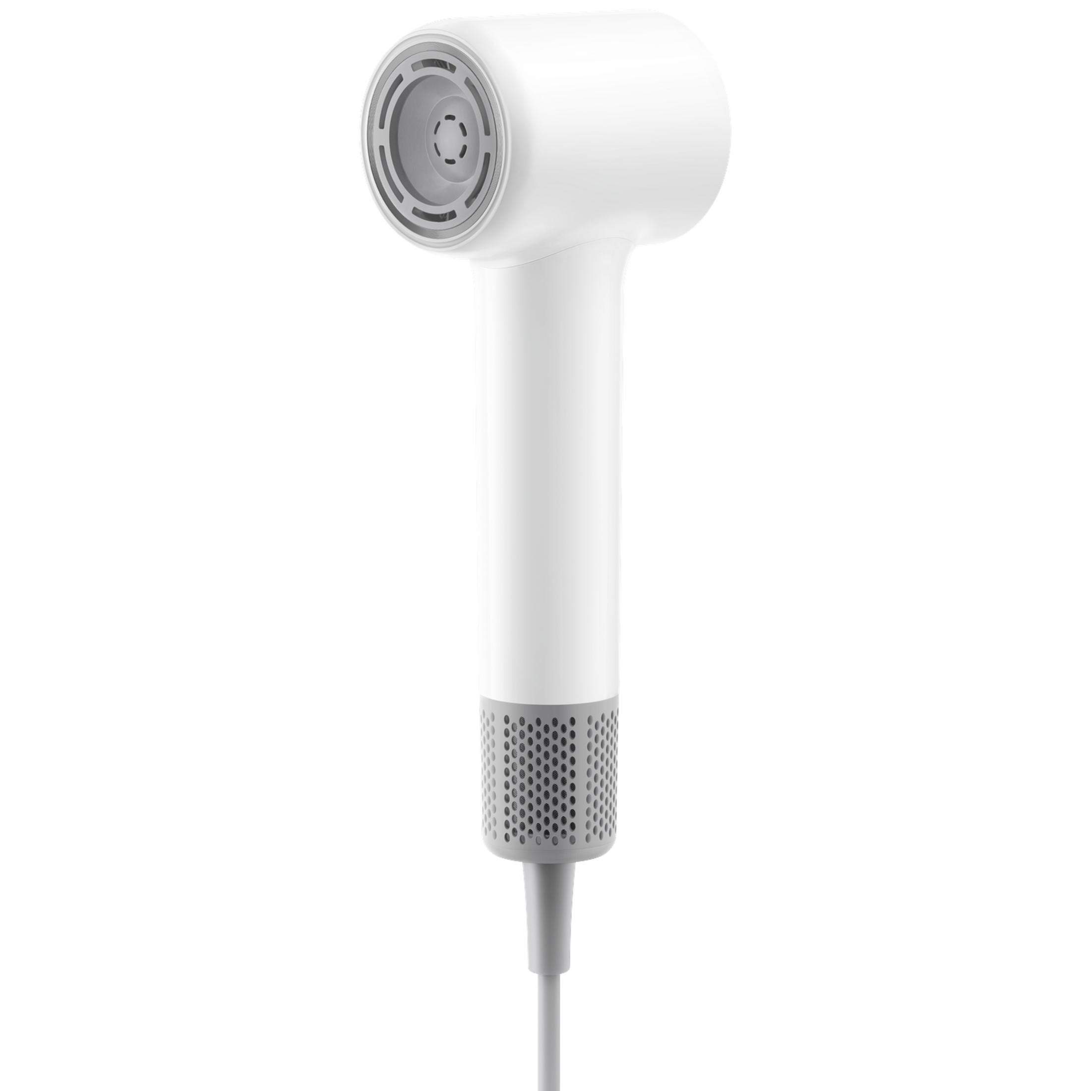 Ein weißer Haartrockner mit einem ergonomischen Griff und perforiertem Ende.