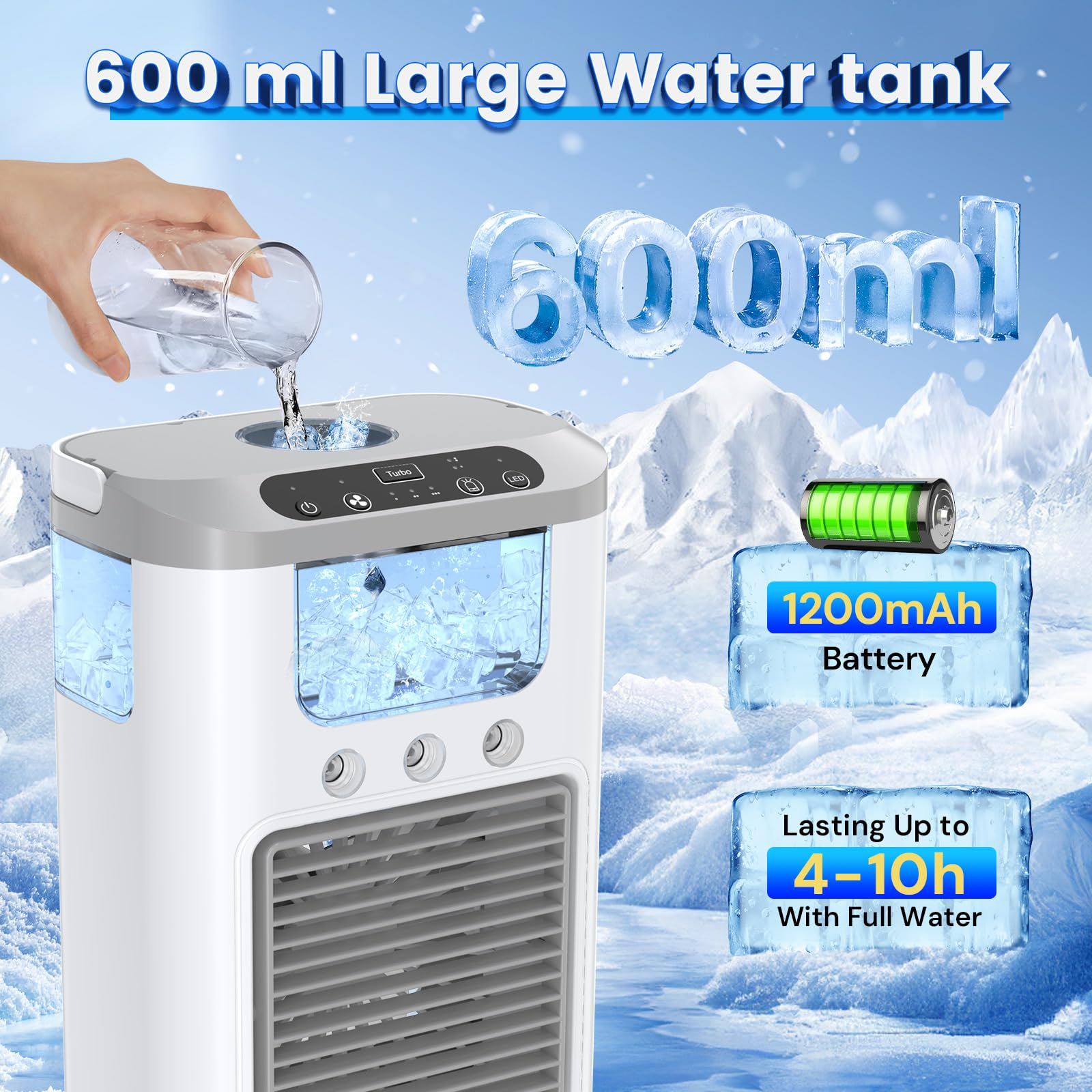 Ein tragbarer Kühler mit 600ml Tank, 1200mAh Akku, läuft 4-10h.