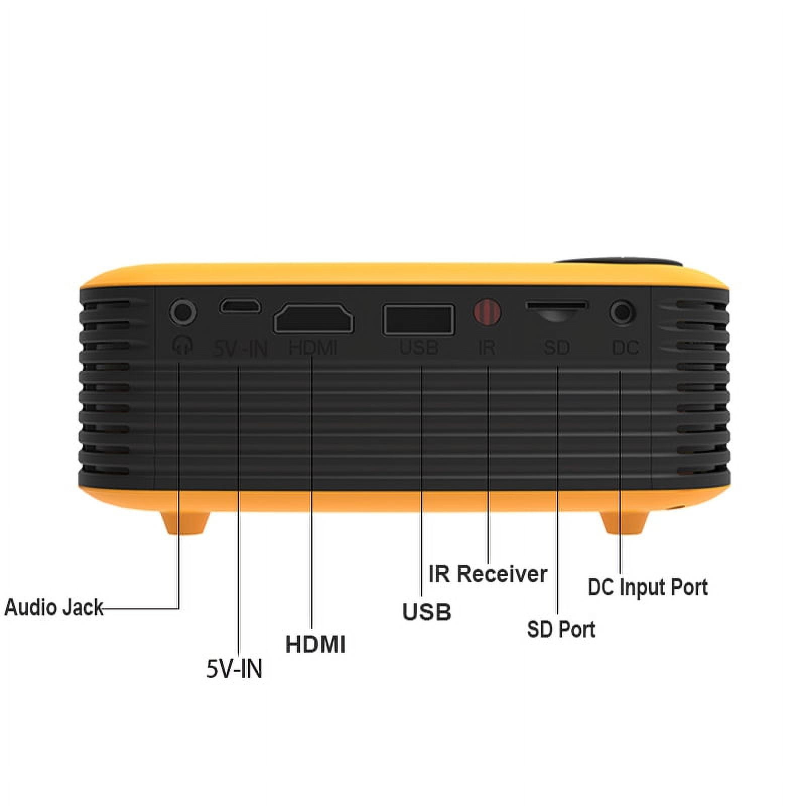 Ein gelber Projektor mit Anschlüssen: Audio, 5V-IN, HDMI, USB, IR, SD, DC.