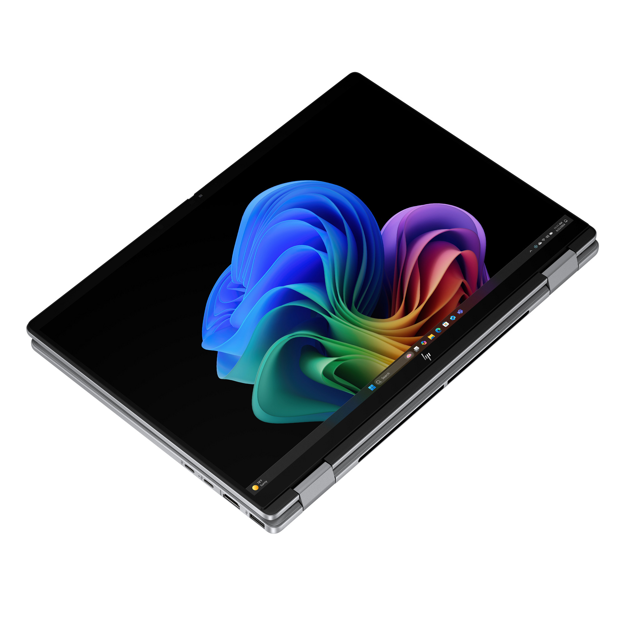 Ein offenes Laptop mit einem bunten Desktop-Hintergrund und Taskleiste.
