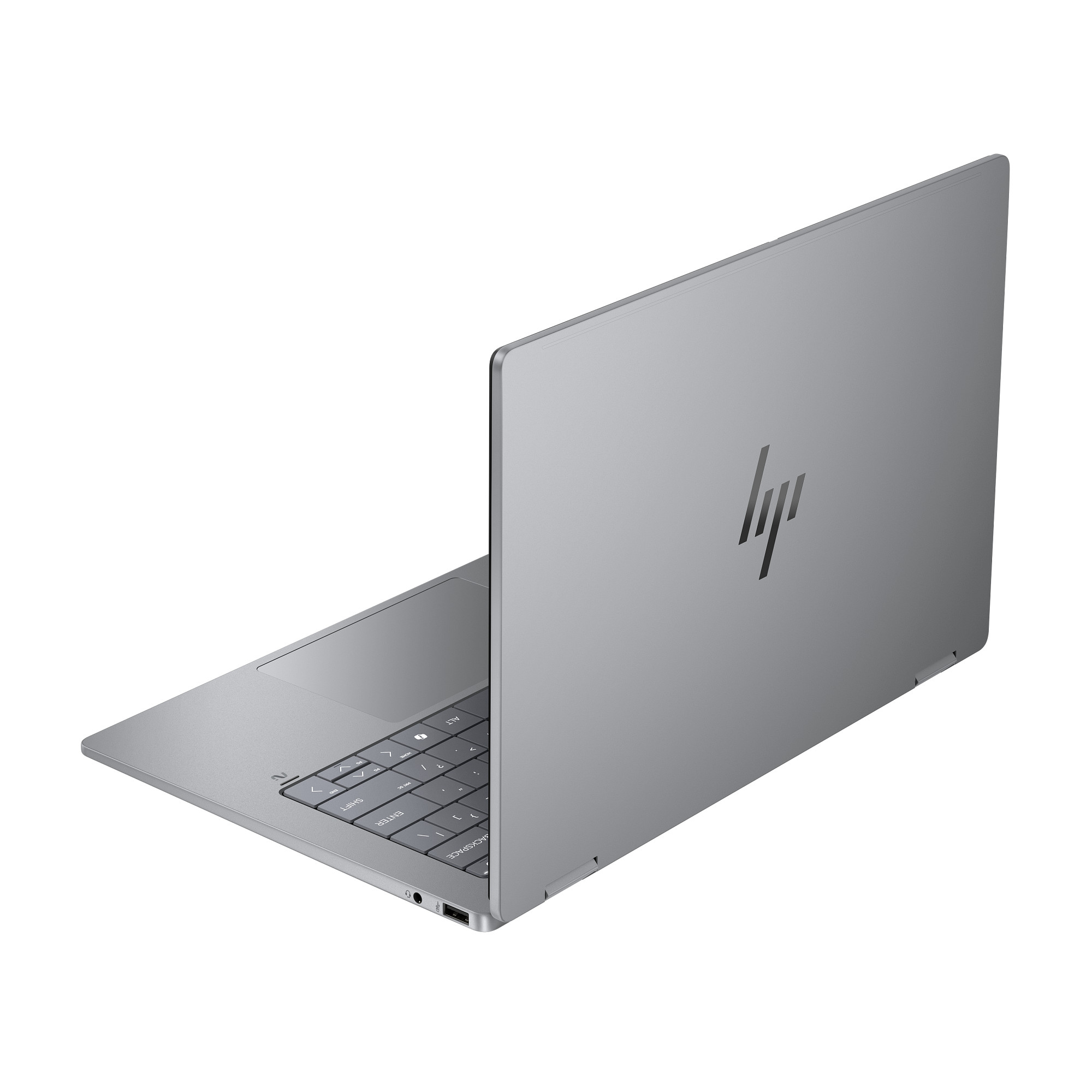 Ein geschlossener silberner Laptop mit dem HP-Logo auf dem Deckel.