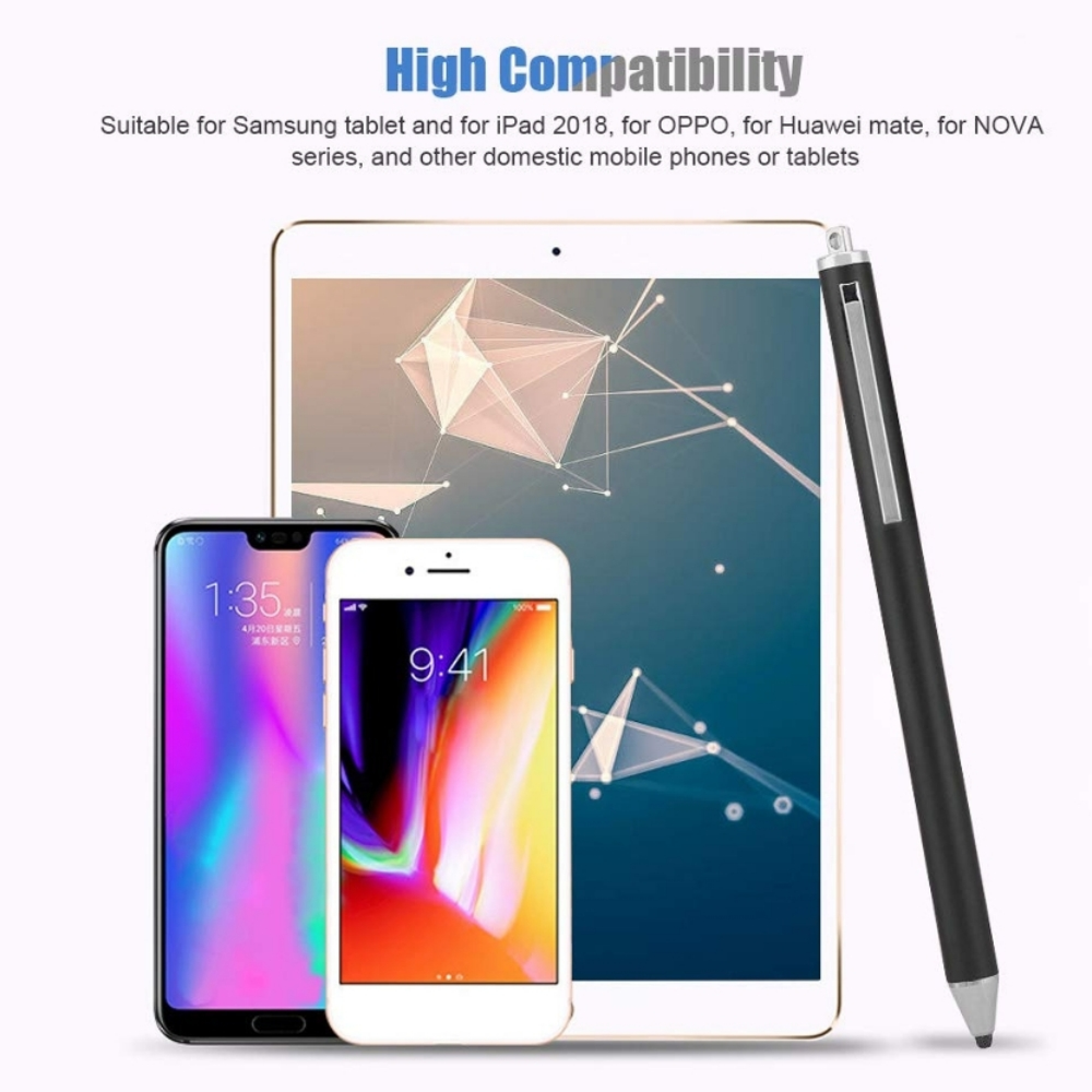 Ein schwarzer Eingabestift liegt neben einem Tablet und zwei Smartphones.