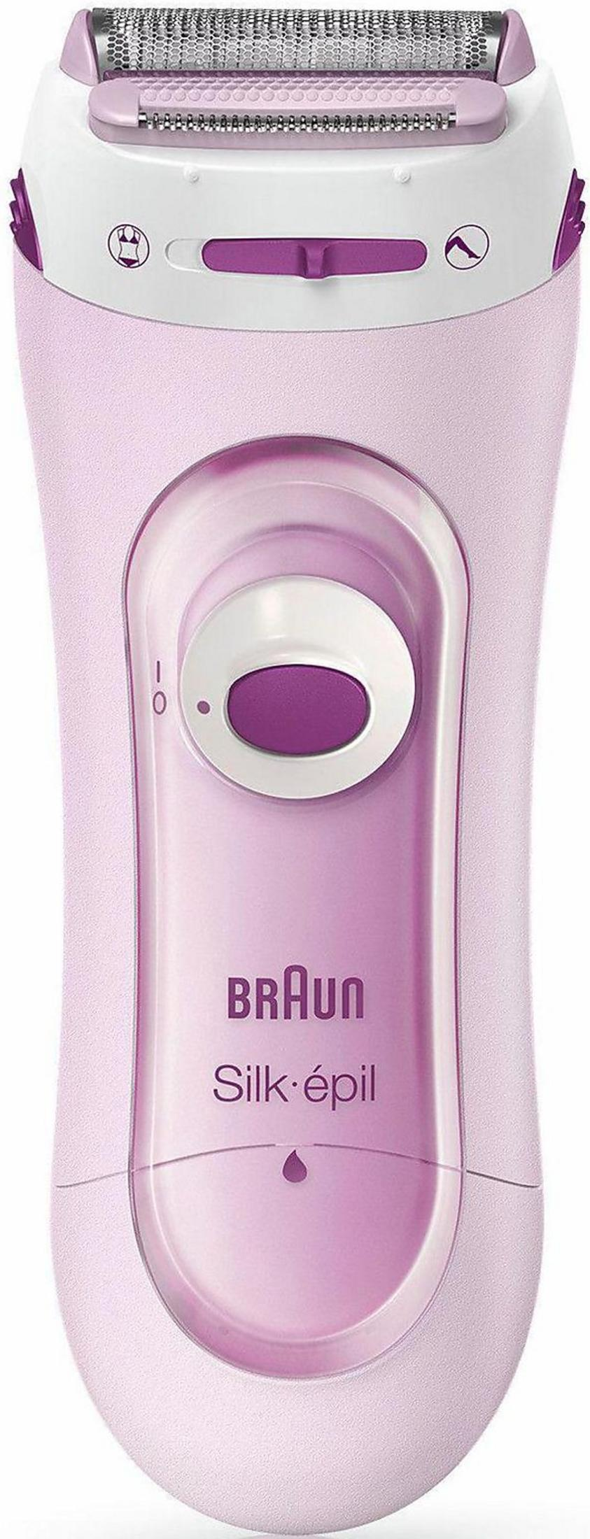 Un epilatore lavanda chiaro con accenti argento e viola, logo Braun Silk-épil.