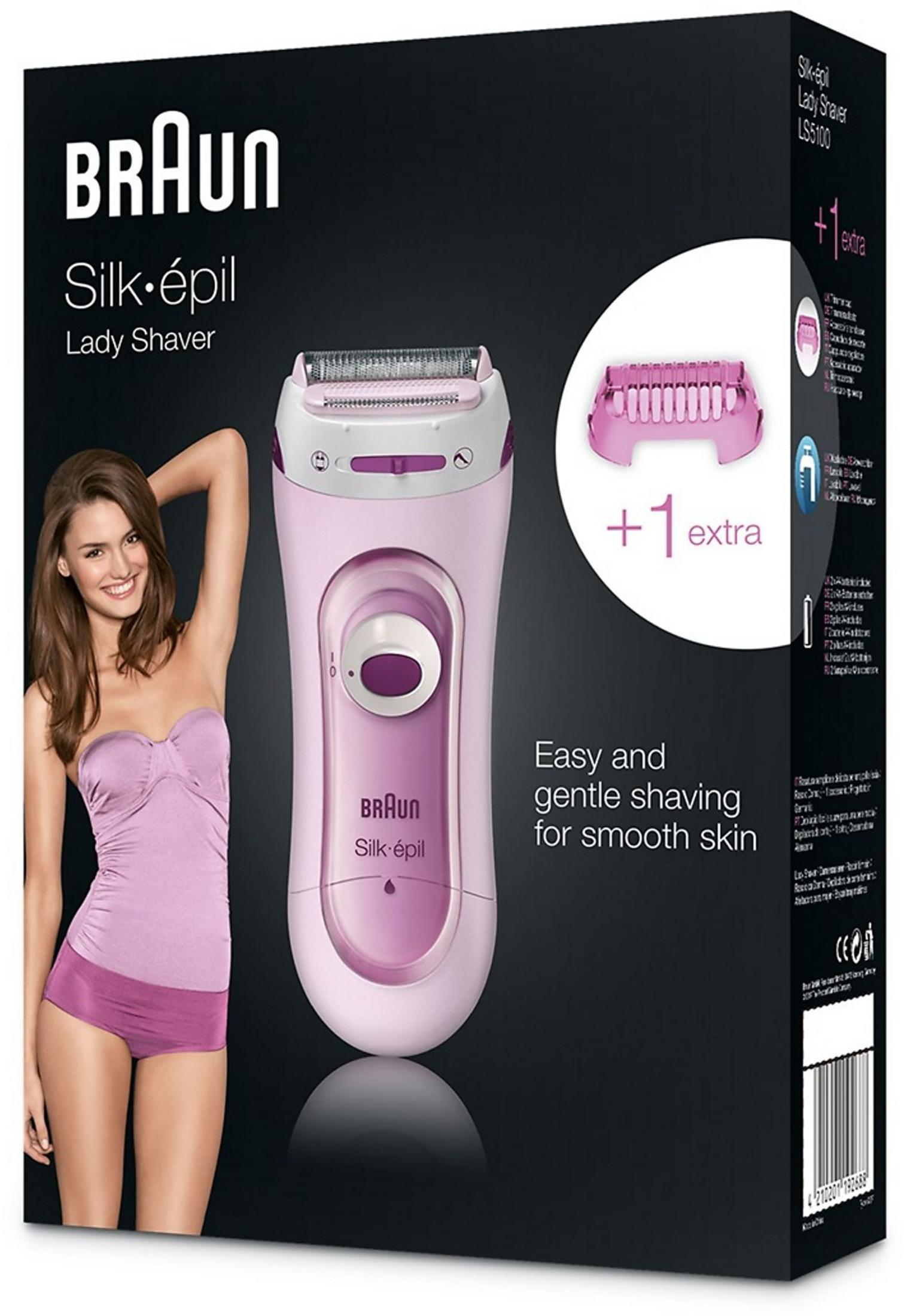 Confezione Braun Silk-épil Lady Shaver con donna, rasoio e accessorio.