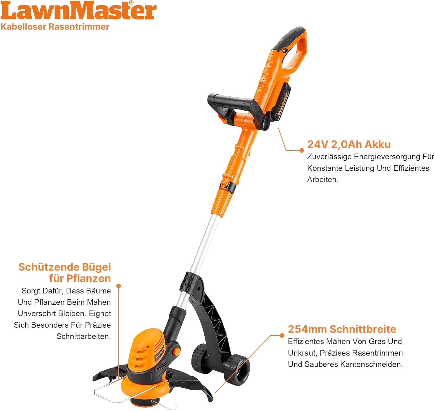 Orange-schwarzer Akku-Rasentrimmer mit 24V Akku und 254mm Schnittbreite.