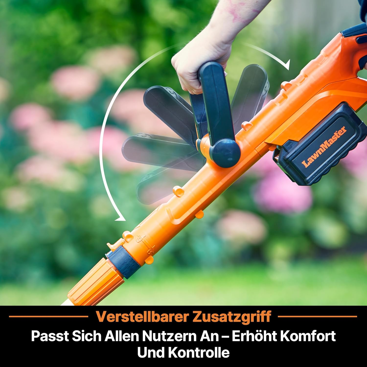 Hand hält orangen Rasenmäher-Griff; Zusatzgriff verstellbar