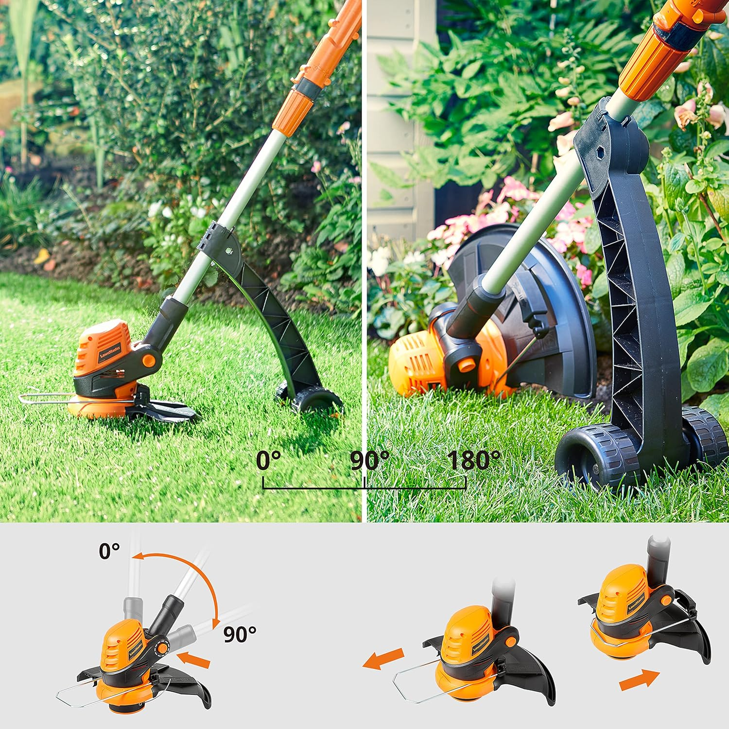 Ein orangefarbener Rasentrimmer wird in verschiedenen Winkeln auf Gras gezeigt.