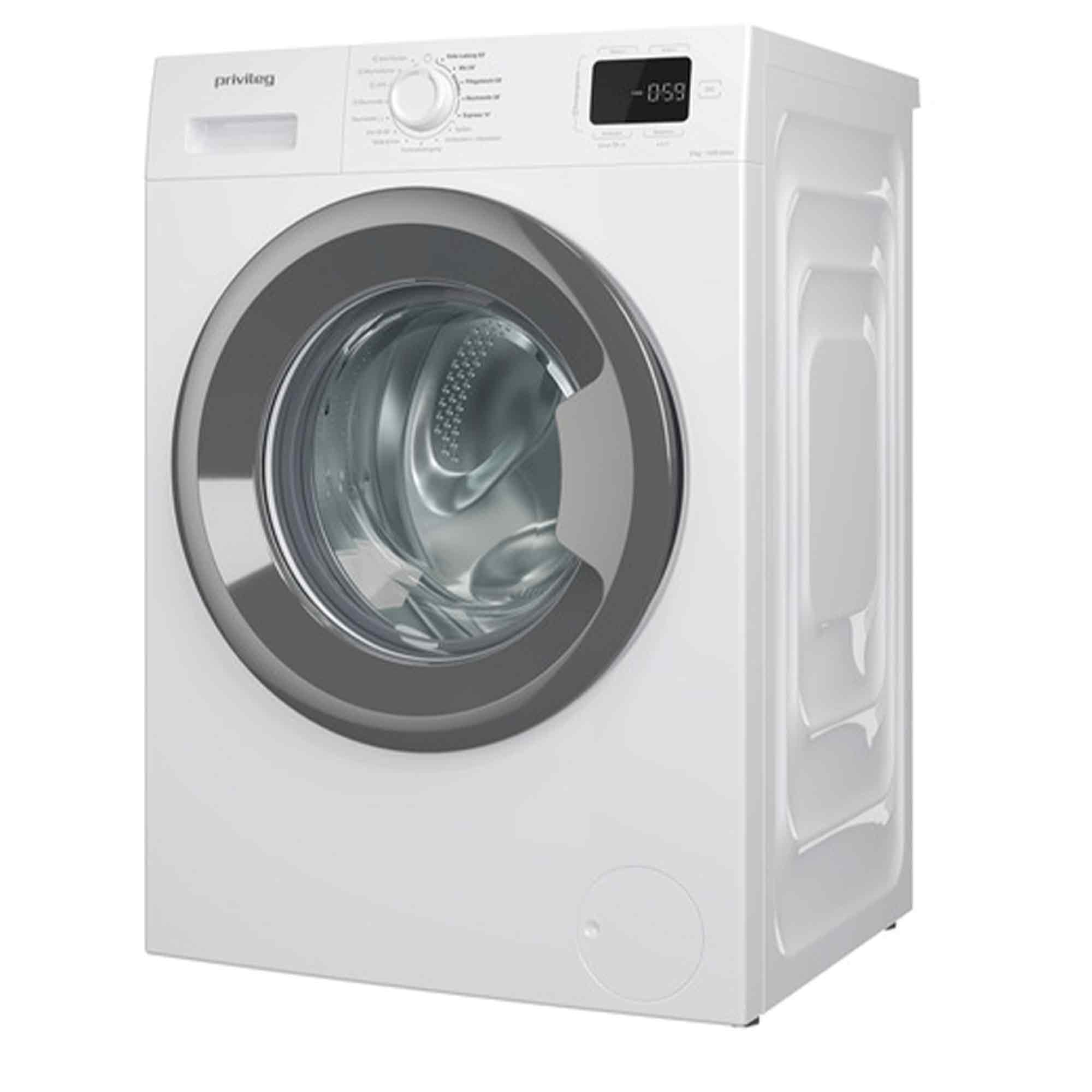 Eine weiße Waschmaschine mit silbernem Bullauge und digitaler Anzeige.