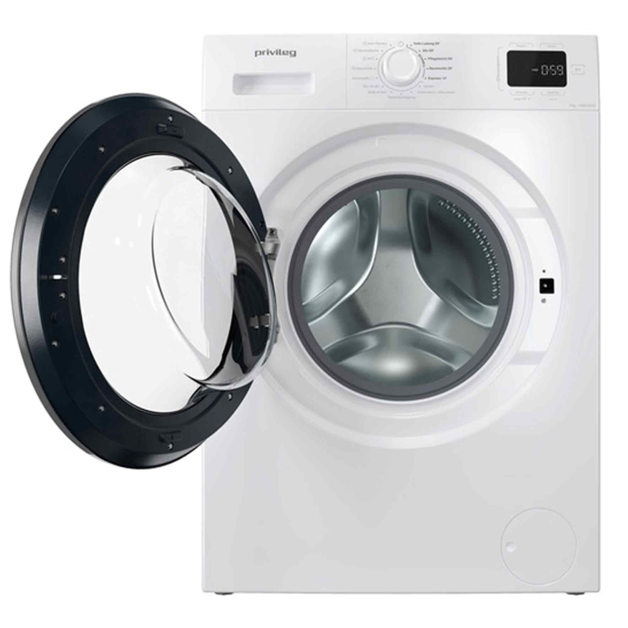Eine weiße Waschmaschine mit geöffneter schwarzer Tür und sichtbarer Trommel.