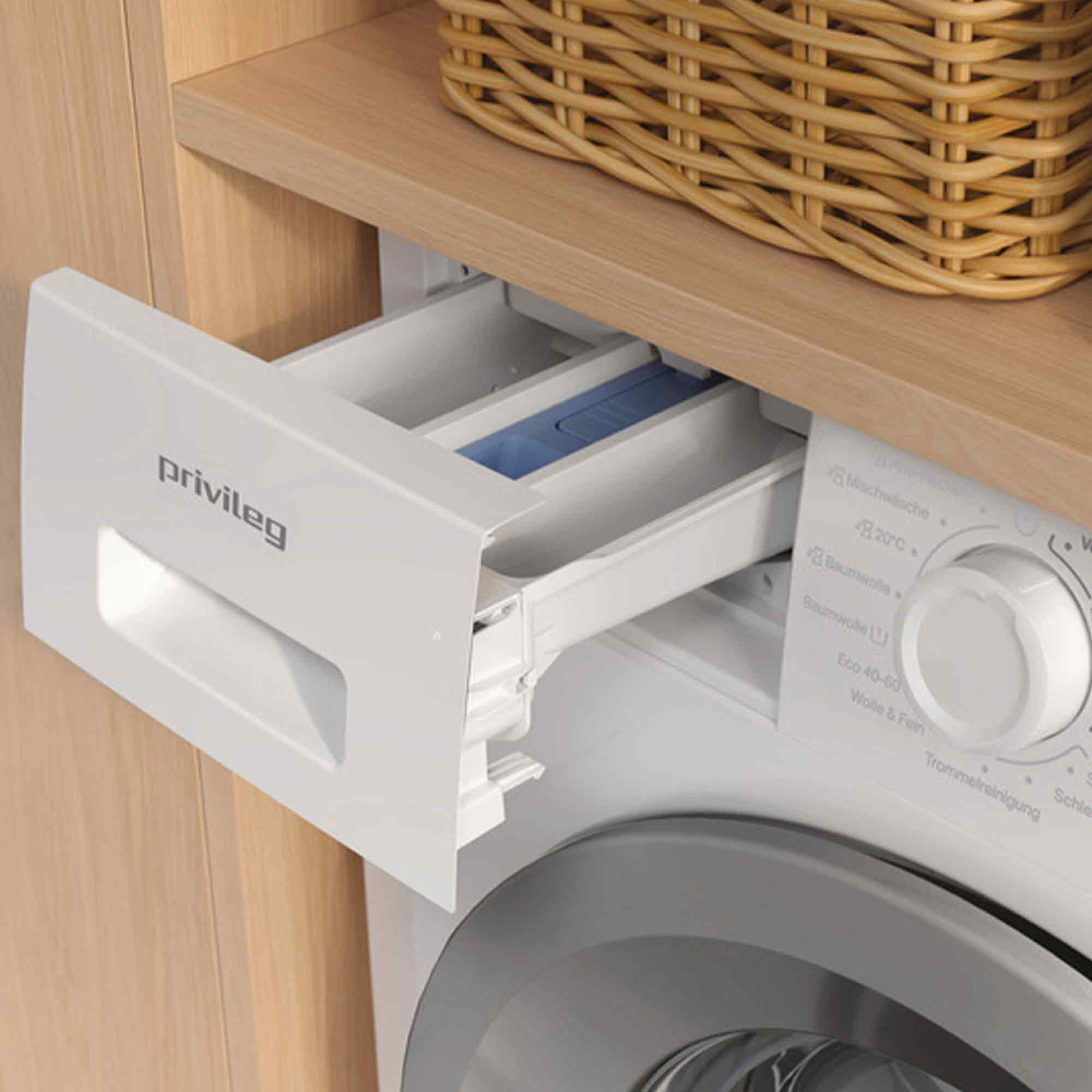 Eine Waschmaschine mit herausgezogener Schublade für Waschmittel, daneben ein Korb.
