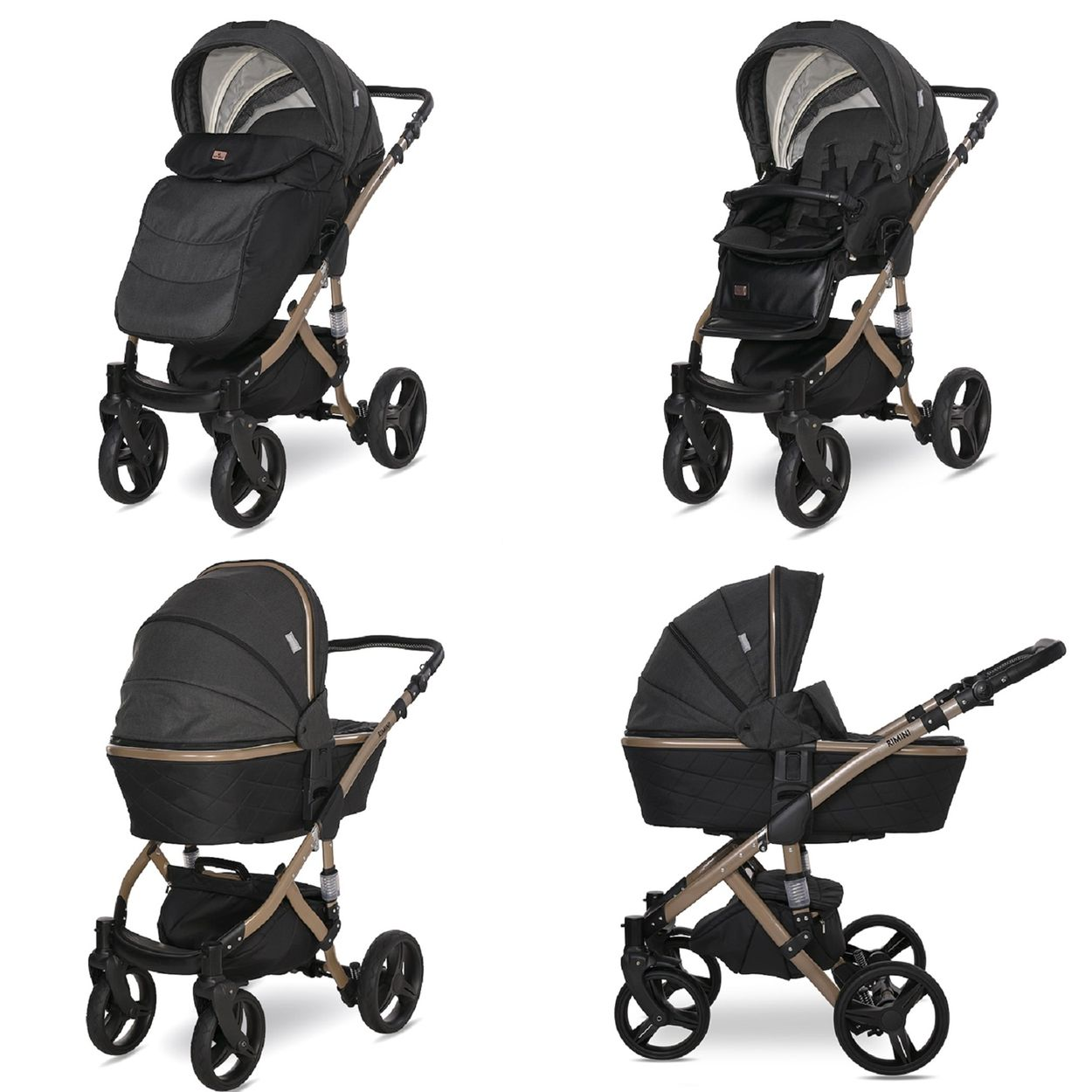 Vier Kinderwagen-Konfigurationen mit dunklem Stoff und goldenem Rahmen.